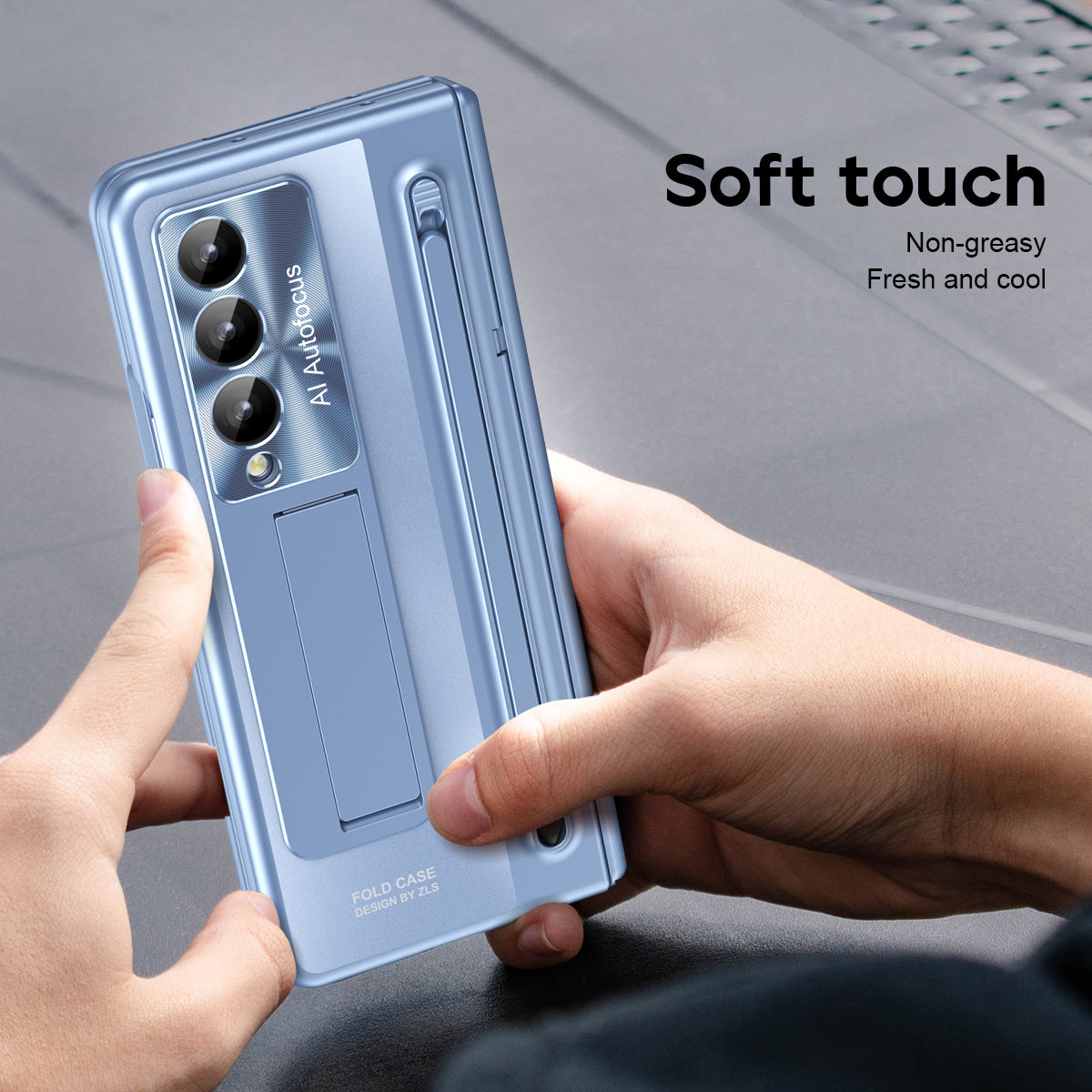 For Samsung Galaxy Z Fold4 5G Kickstand Case Hinge PC Phone Cover with Tempered Glass Film, Stylus