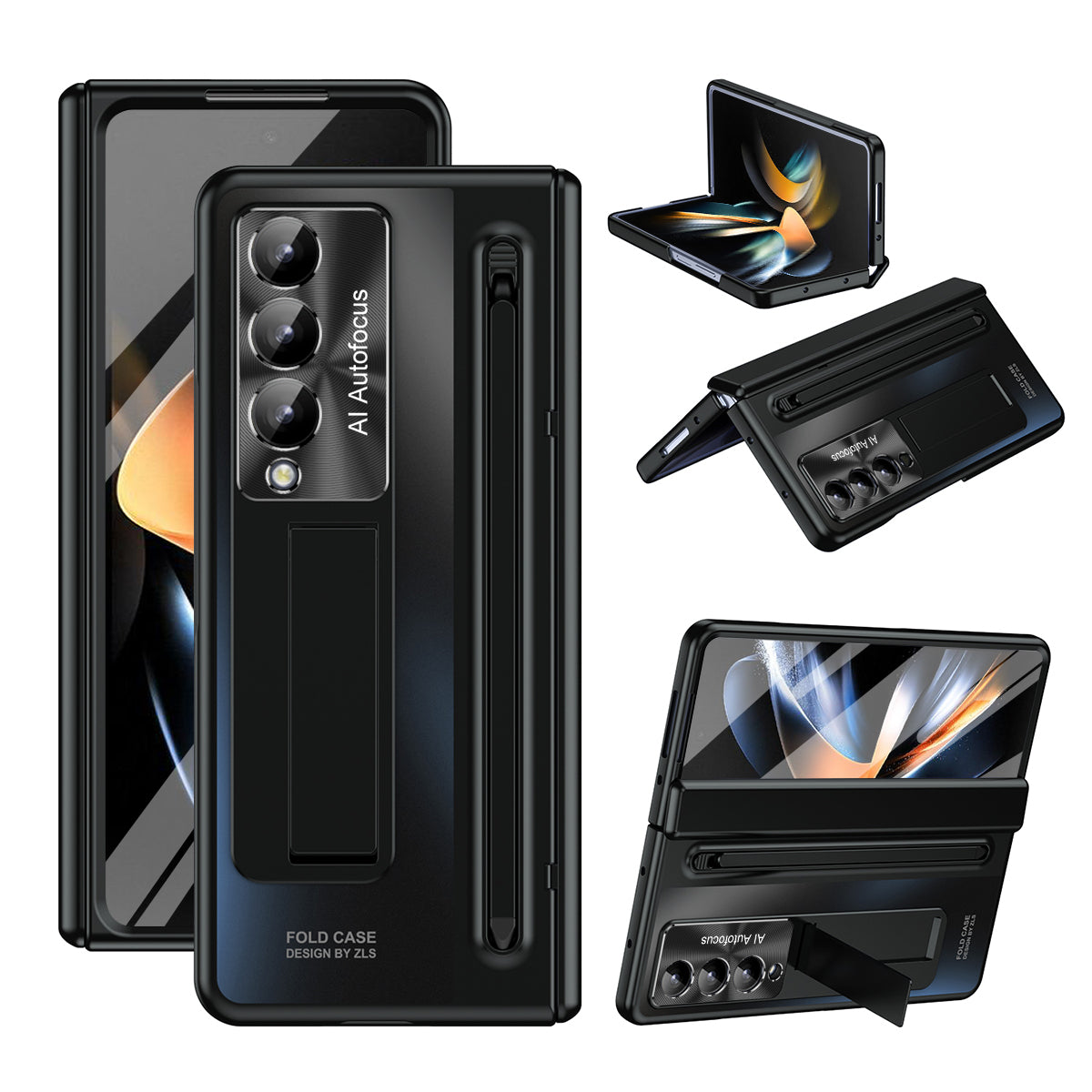 For Samsung Galaxy Z Fold4 5G Kickstand Case Hinge PC Phone Cover with Tempered Glass Film, Stylus