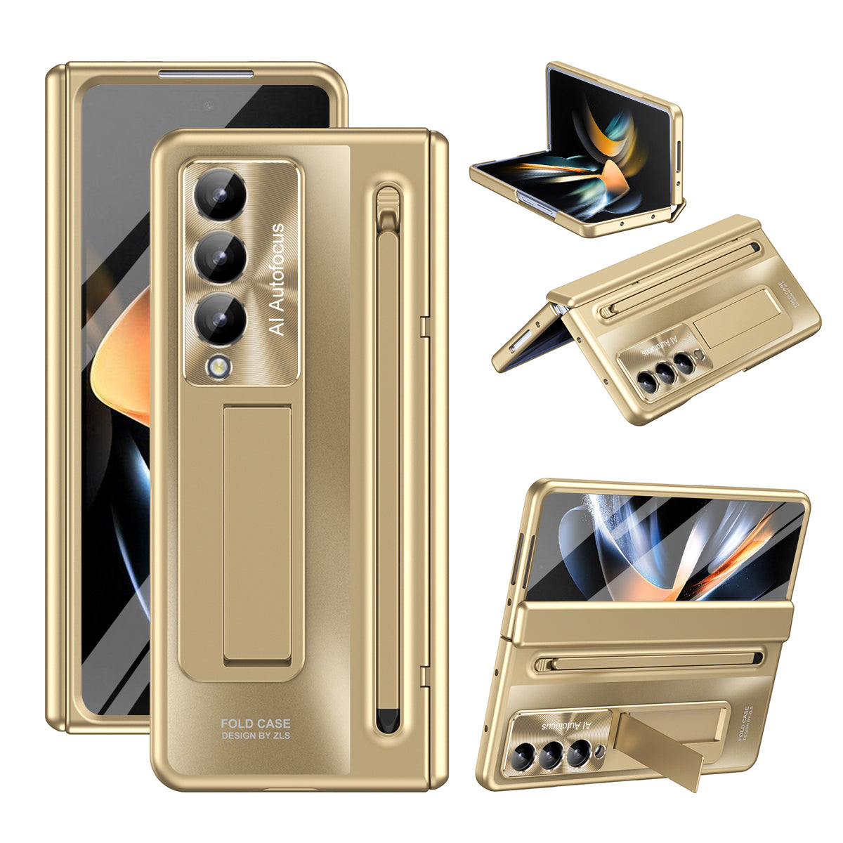 For Samsung Galaxy Z Fold4 5G Kickstand Case Hinge PC Phone Cover with Tempered Glass Film, Stylus