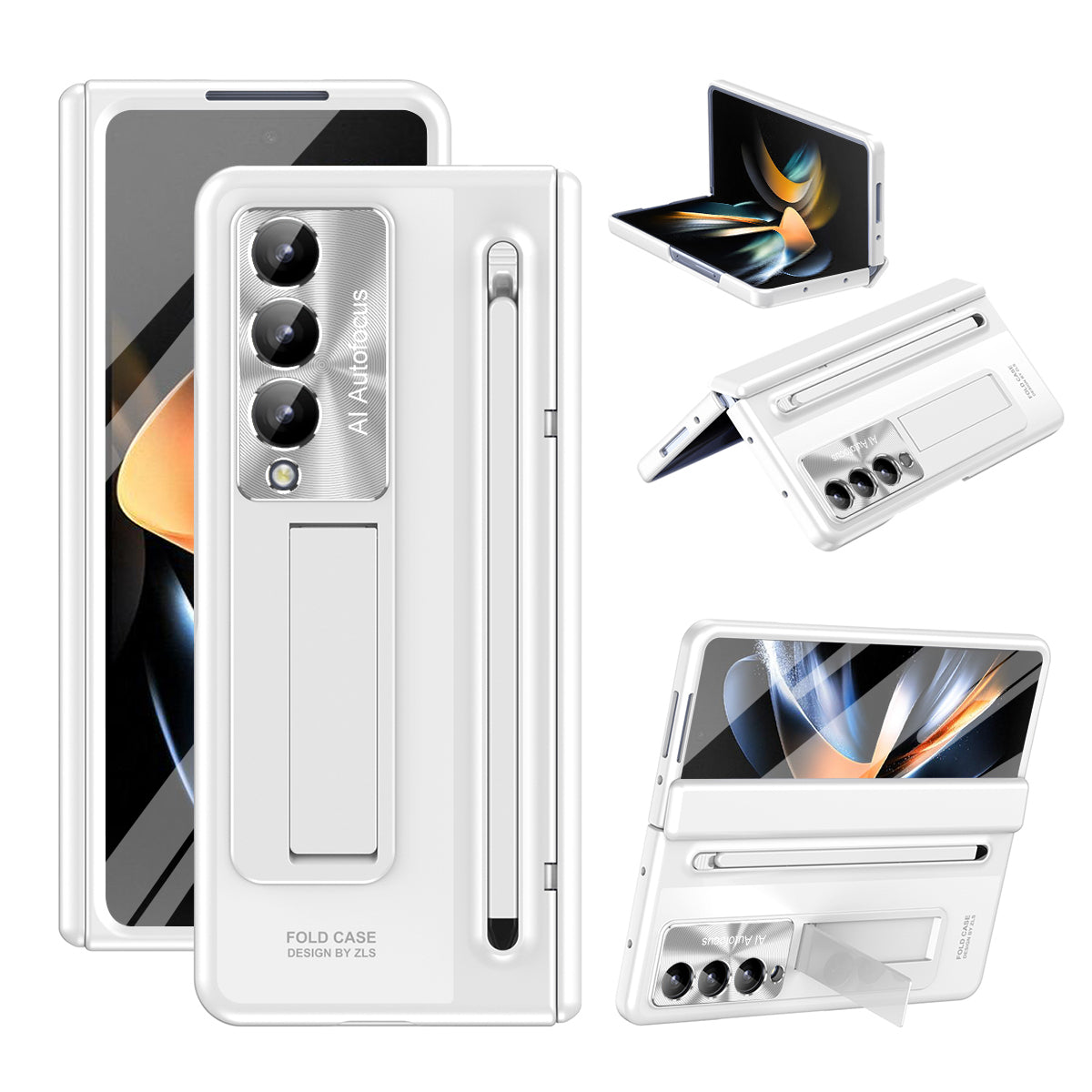 For Samsung Galaxy Z Fold4 5G Kickstand Case Hinge PC Phone Cover with Tempered Glass Film, Stylus