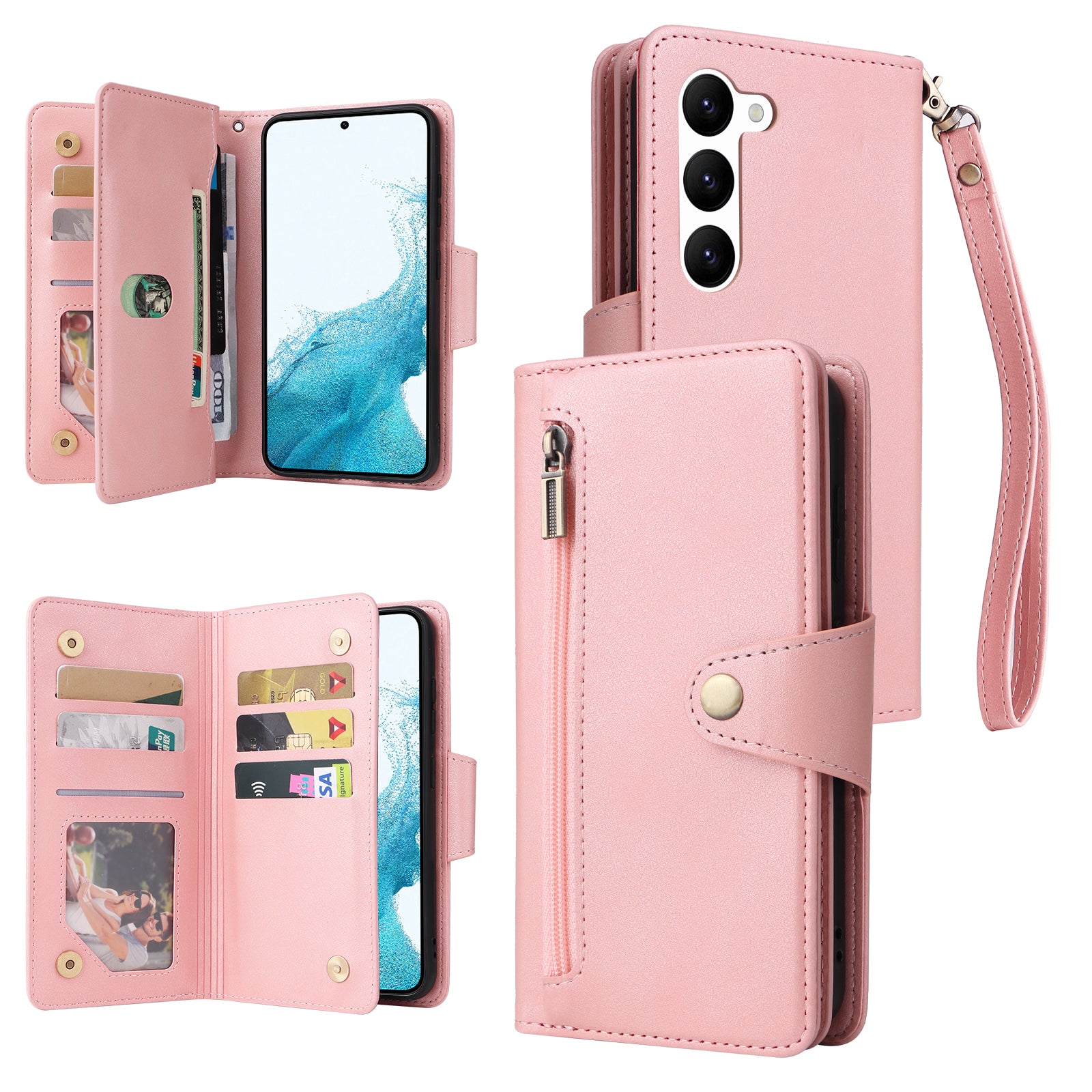 For Samsung Galaxy S23 Case Card Slots Rivet Decor Leather Phone Cover with Stand