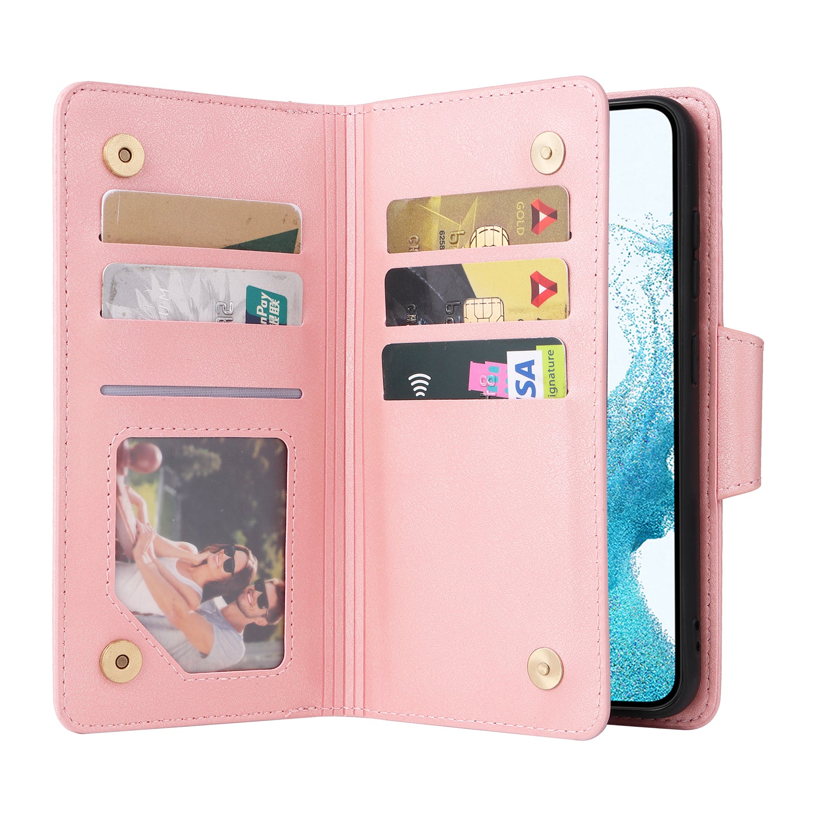 For Samsung Galaxy S23 Case Card Slots Rivet Decor Leather Phone Cover with Stand