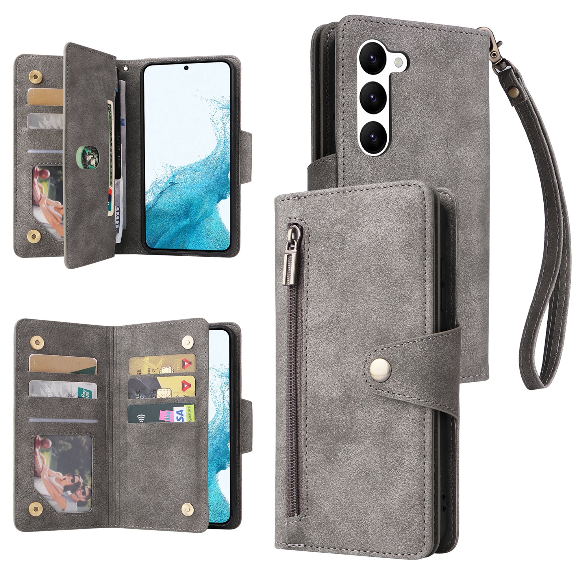For Samsung Galaxy S23 Case Card Slots Rivet Decor Leather Phone Cover with Stand