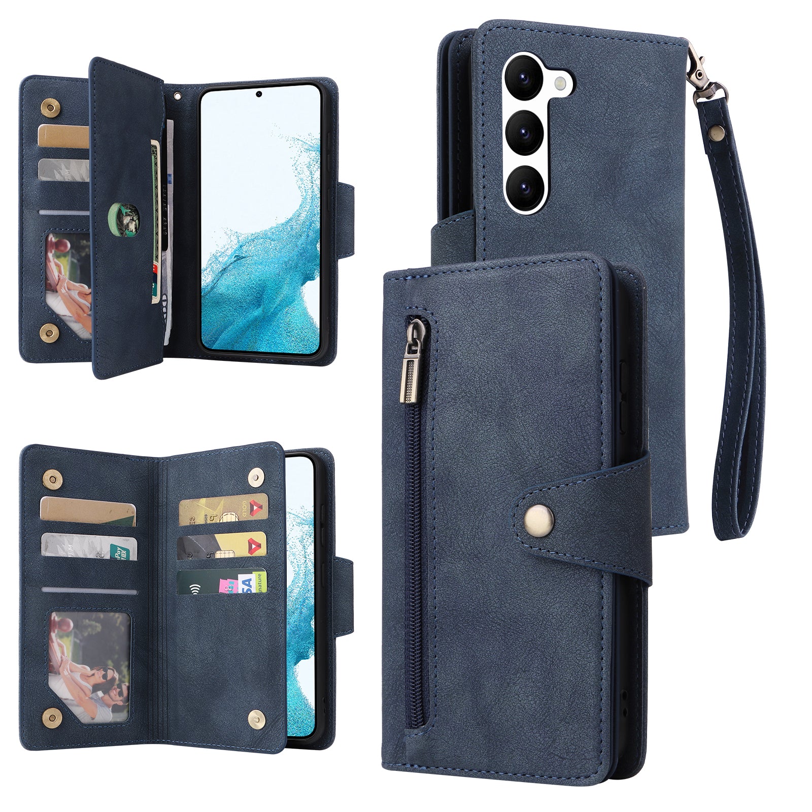 For Samsung Galaxy S23 Case Card Slots Rivet Decor Leather Phone Cover with Stand