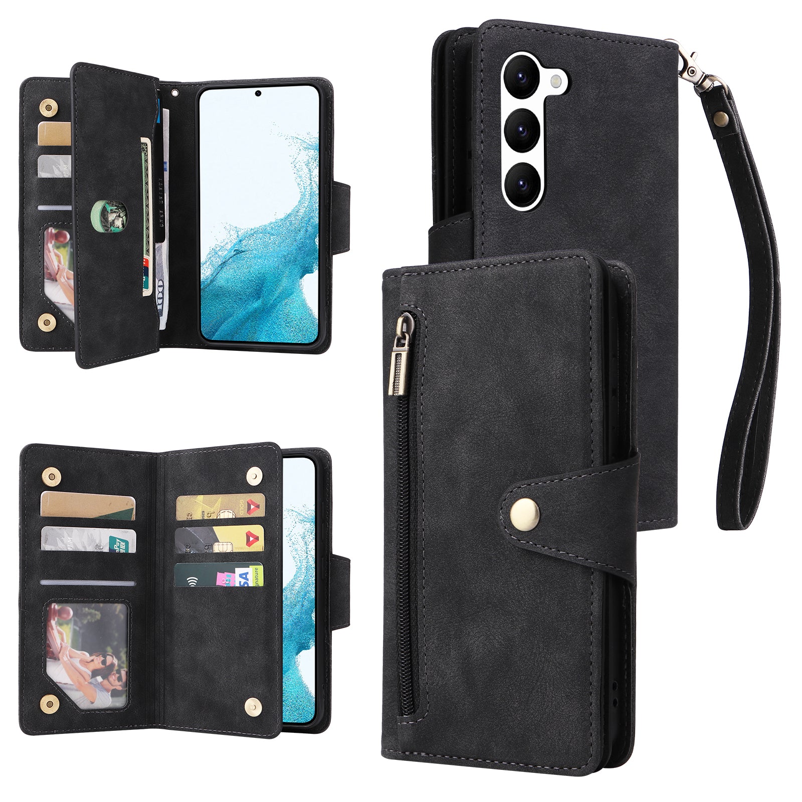 For Samsung Galaxy S23 Case Card Slots Rivet Decor Leather Phone Cover with Stand