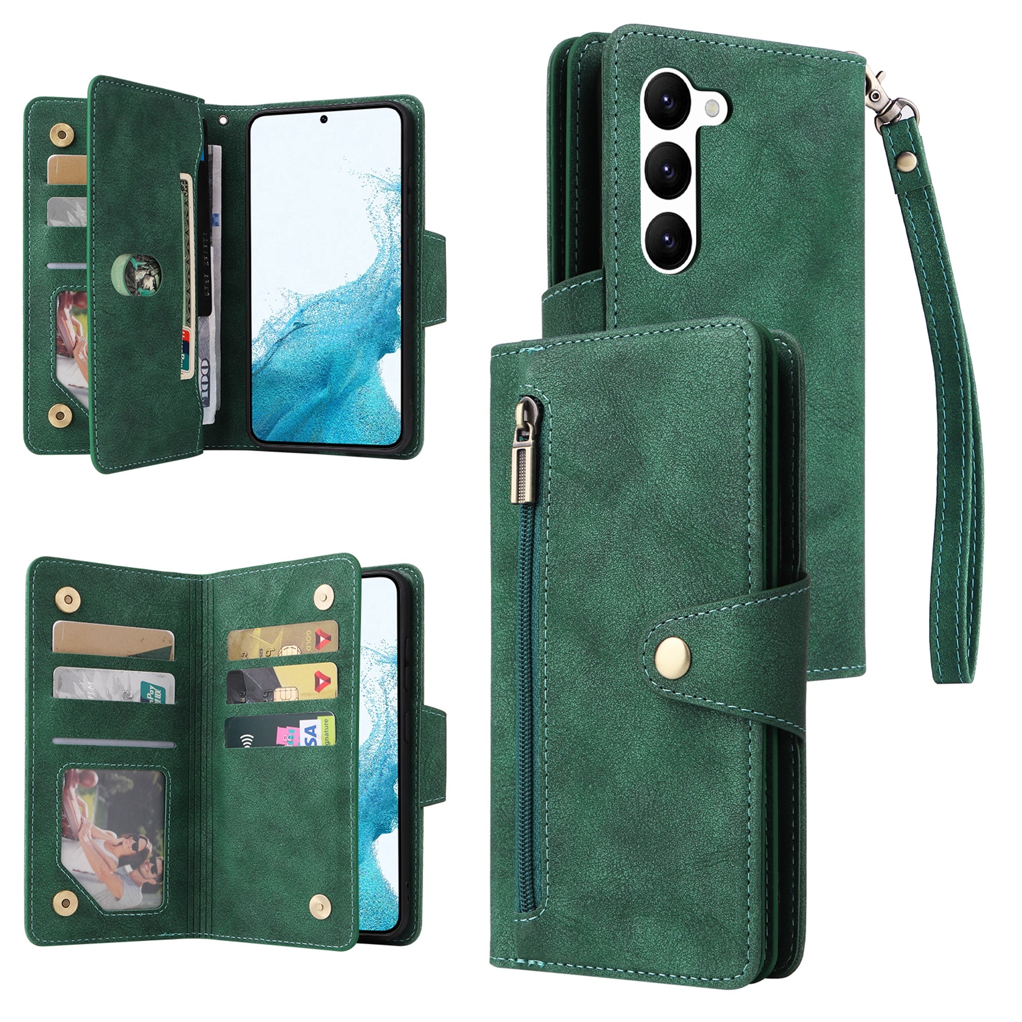 For Samsung Galaxy S23 Case Card Slots Rivet Decor Leather Phone Cover with Stand