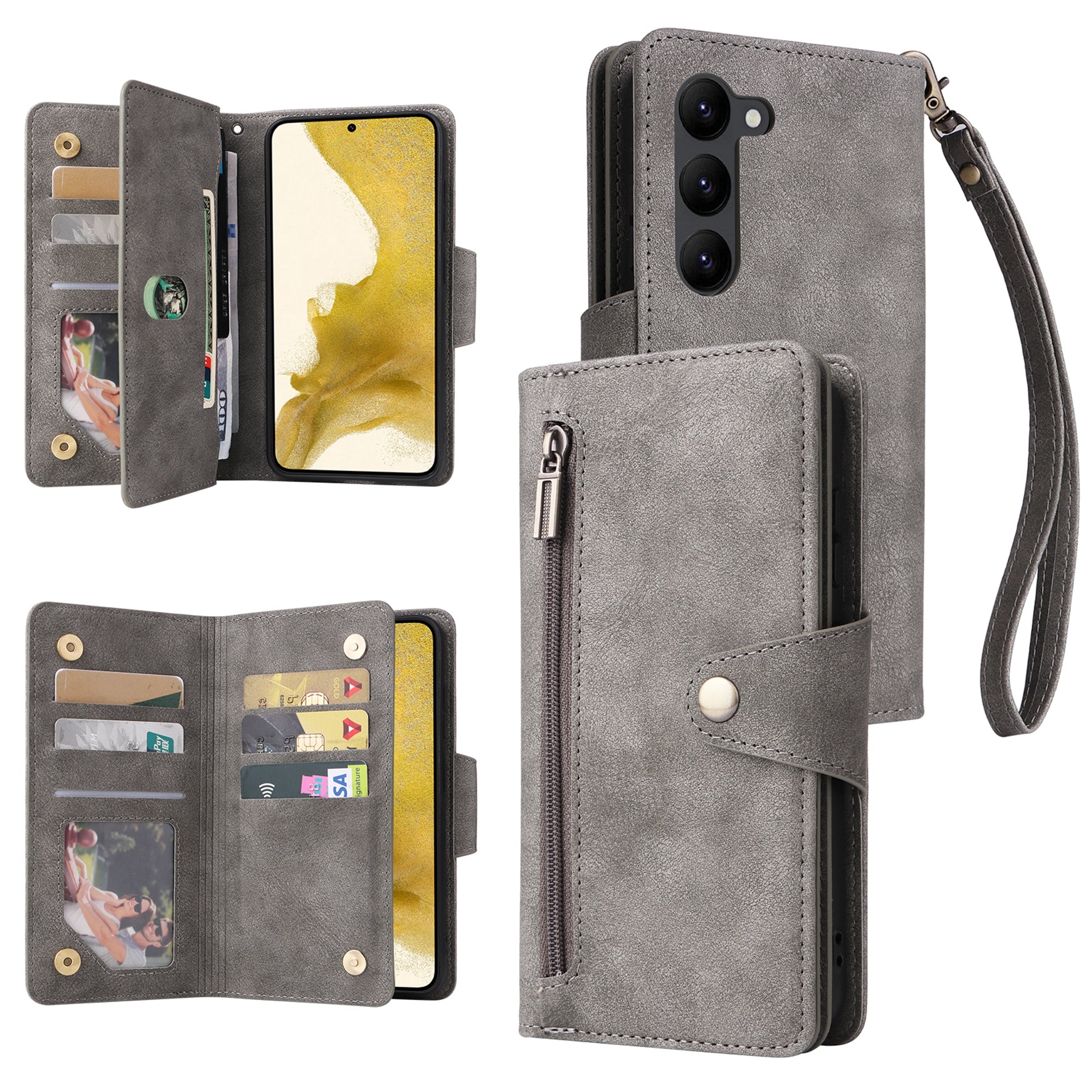 For Samsung Galaxy S23+ Card Slots Case Anti-Dorp Rivet Decor Leather Flip Phone Cover