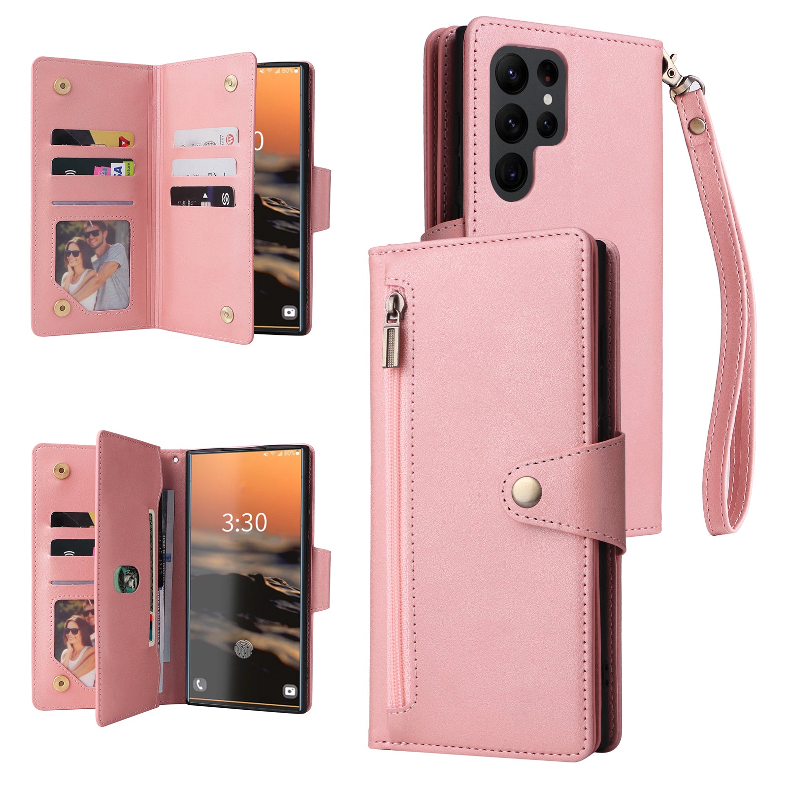 For Samsung Galaxy S23 Ultra Wallet Case Shockproof Leather Phone Cover with Rivet Decor