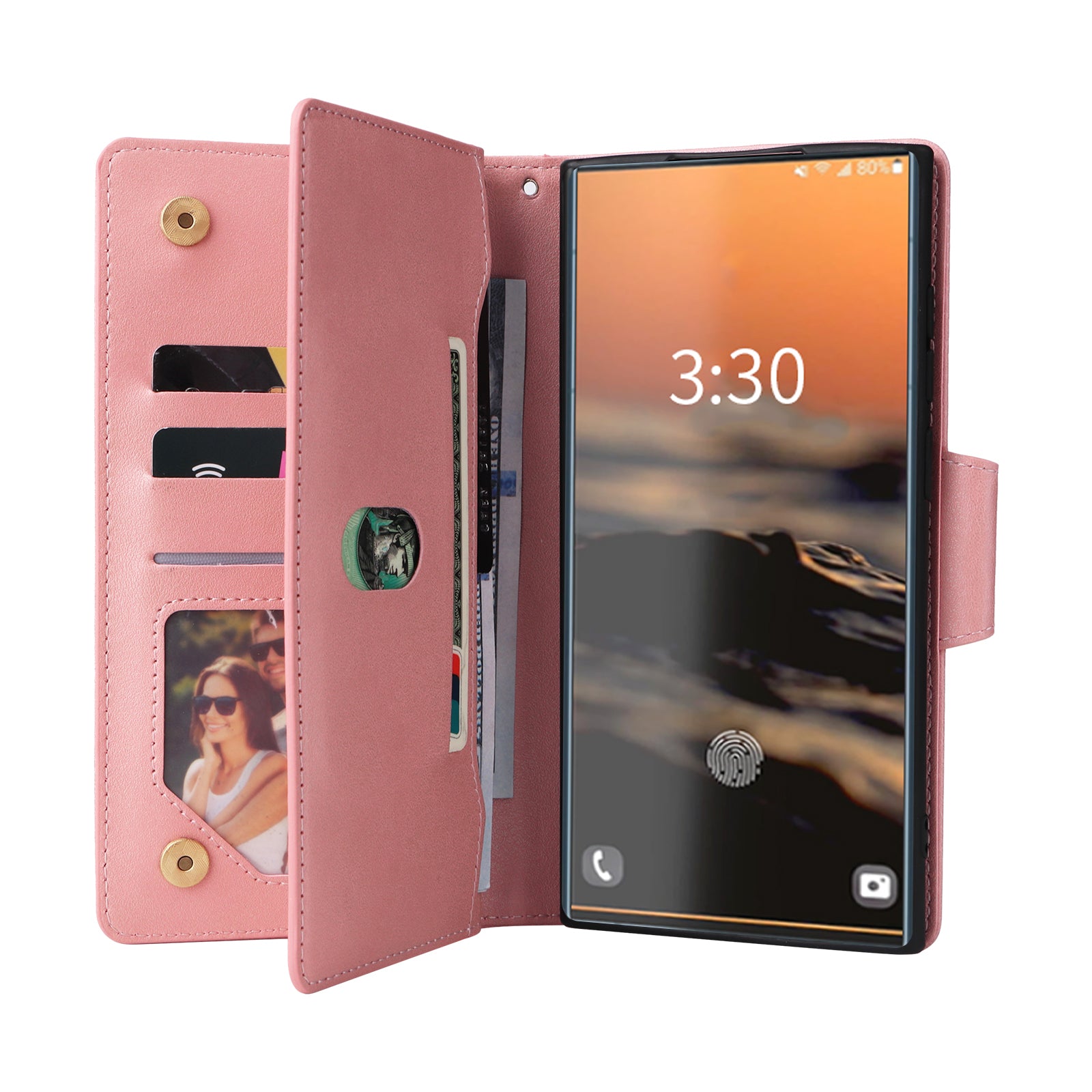 For Samsung Galaxy S23 Ultra Wallet Case Shockproof Leather Phone Cover with Rivet Decor