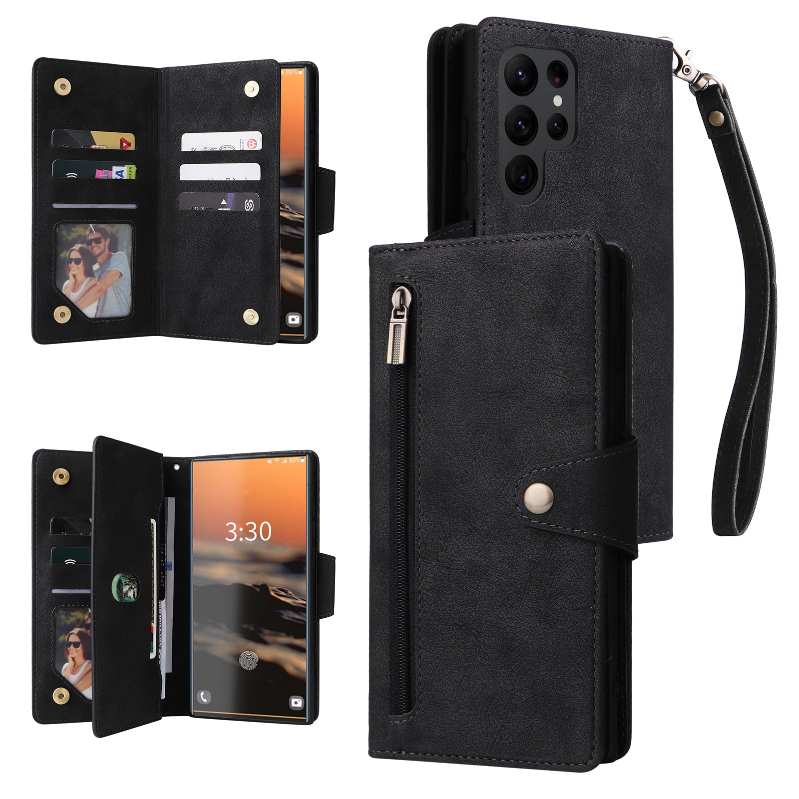 For Samsung Galaxy S23 Ultra Wallet Case Shockproof Leather Phone Cover with Rivet Decor