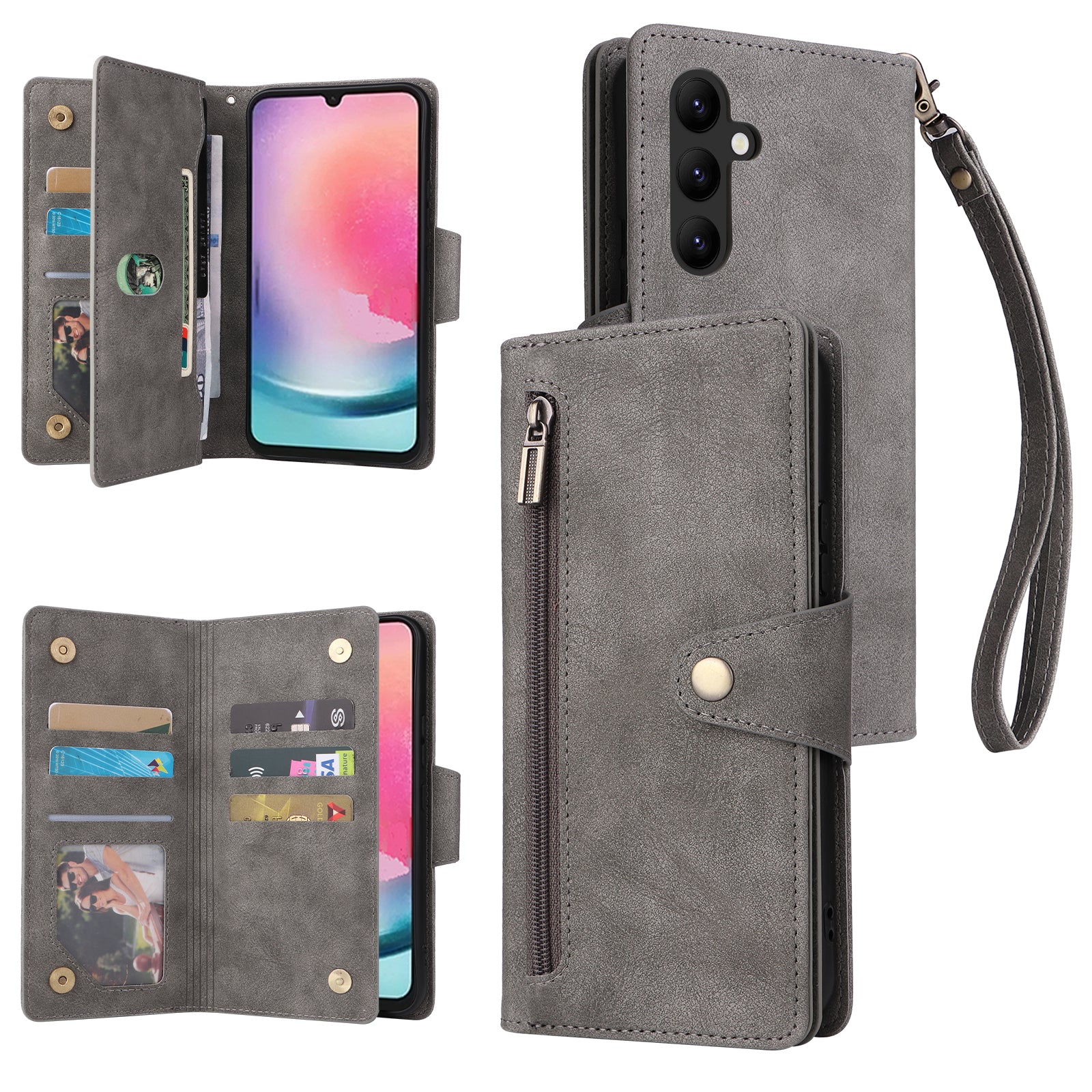 For Samsung Galaxy A24 4G (162.1 x 77.6 x 8.3mm) Case Shockproof Leather Wallet Phone Cover with Rivet Decor