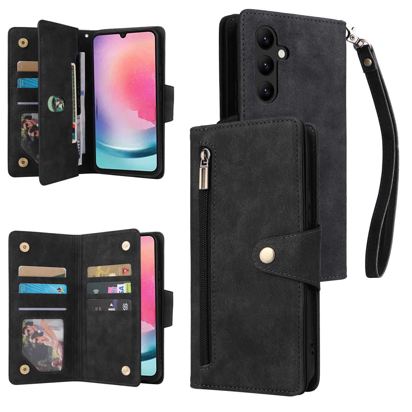 For Samsung Galaxy A24 4G (162.1 x 77.6 x 8.3mm) Case Shockproof Leather Wallet Phone Cover with Rivet Decor