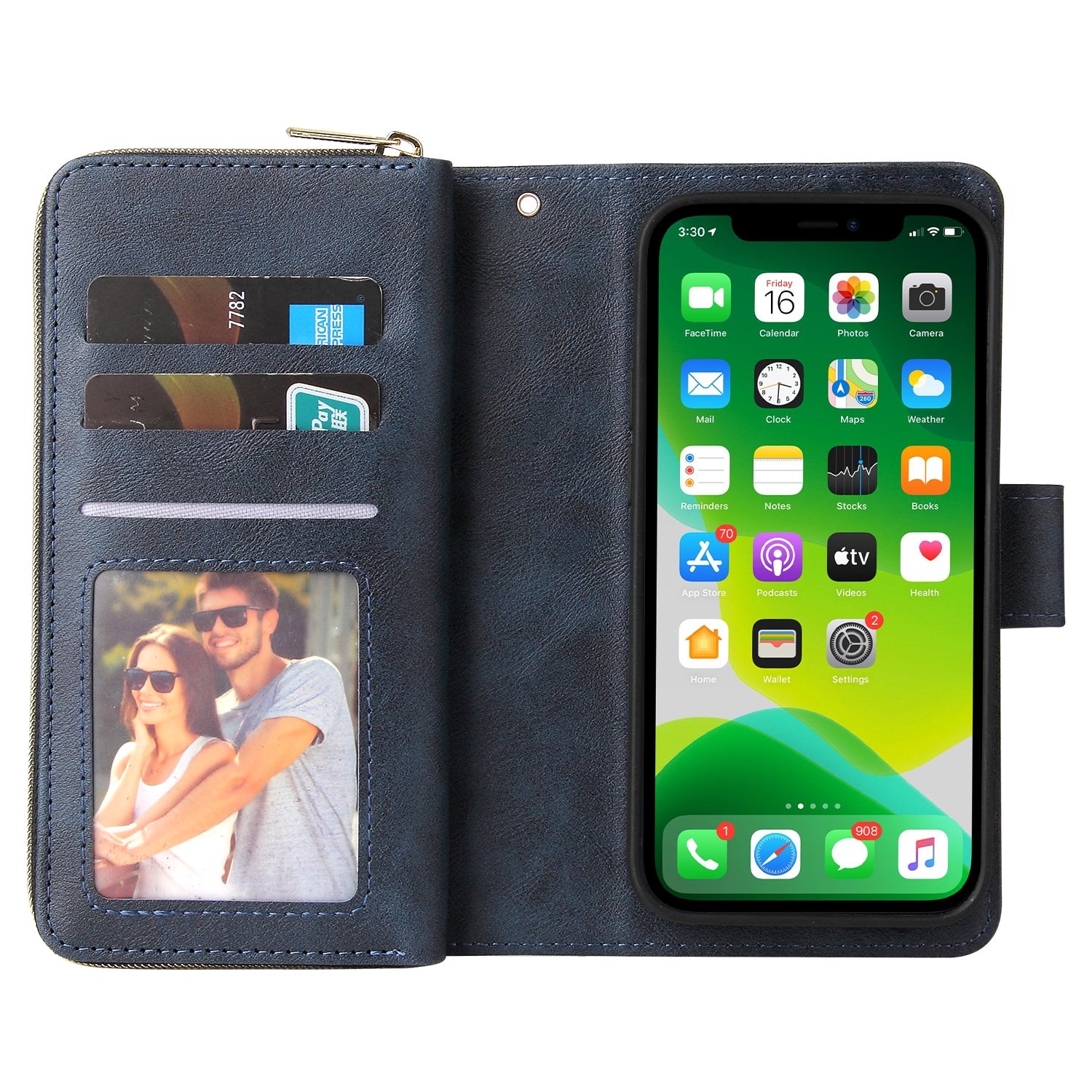 For iPhone 13 mini Leather Case Wallet Zippered Stand Phone Cover