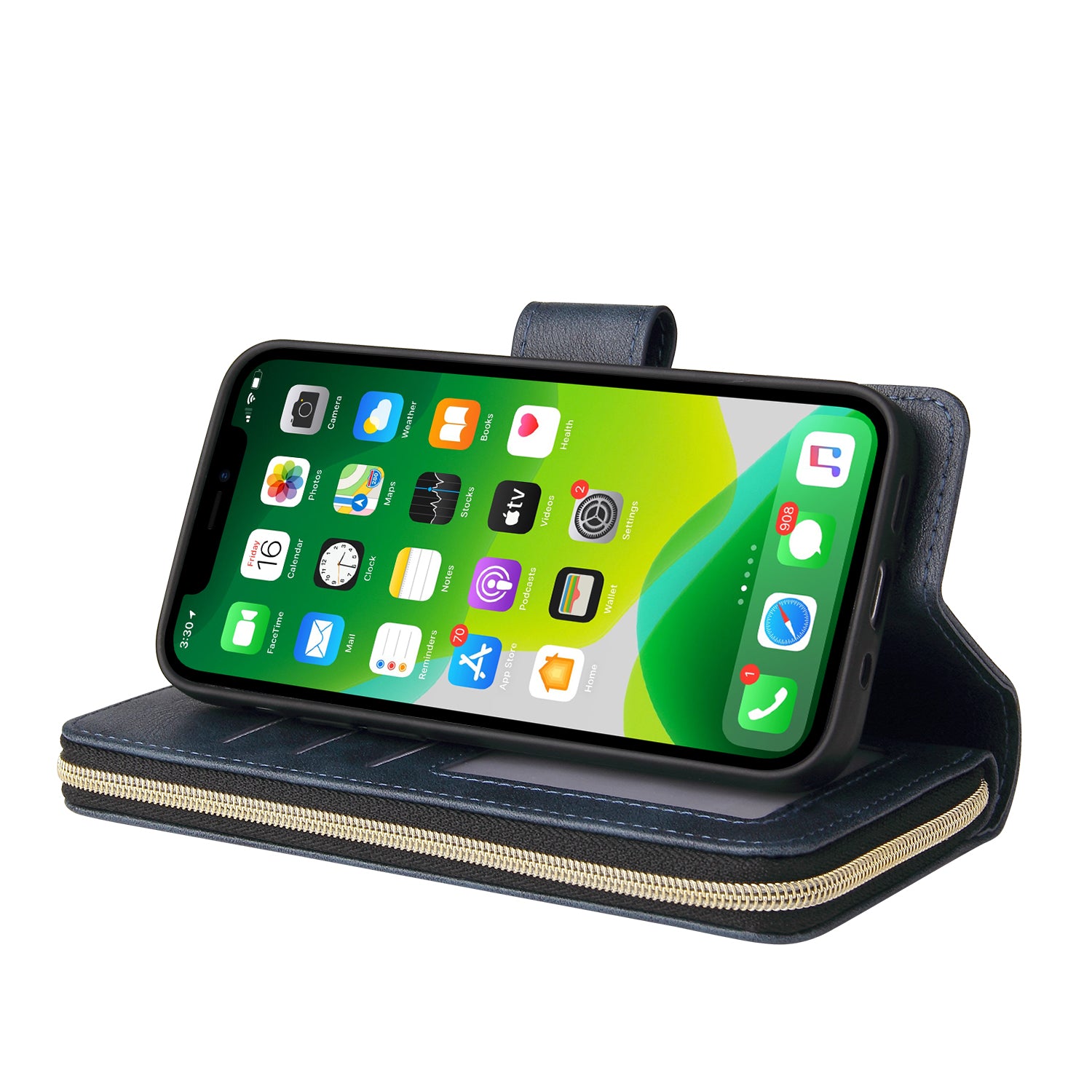 For iPhone 13 mini Leather Case Wallet Zippered Stand Phone Cover