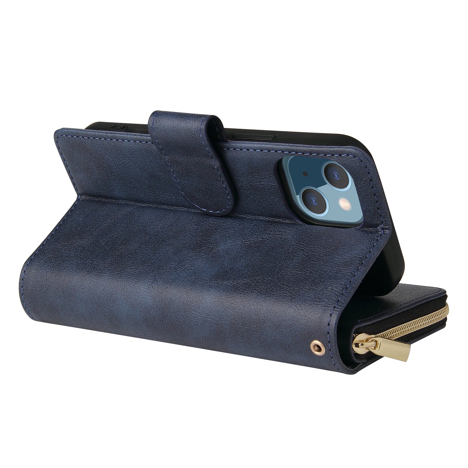 For iPhone 13 mini Leather Case Wallet Zippered Stand Phone Cover