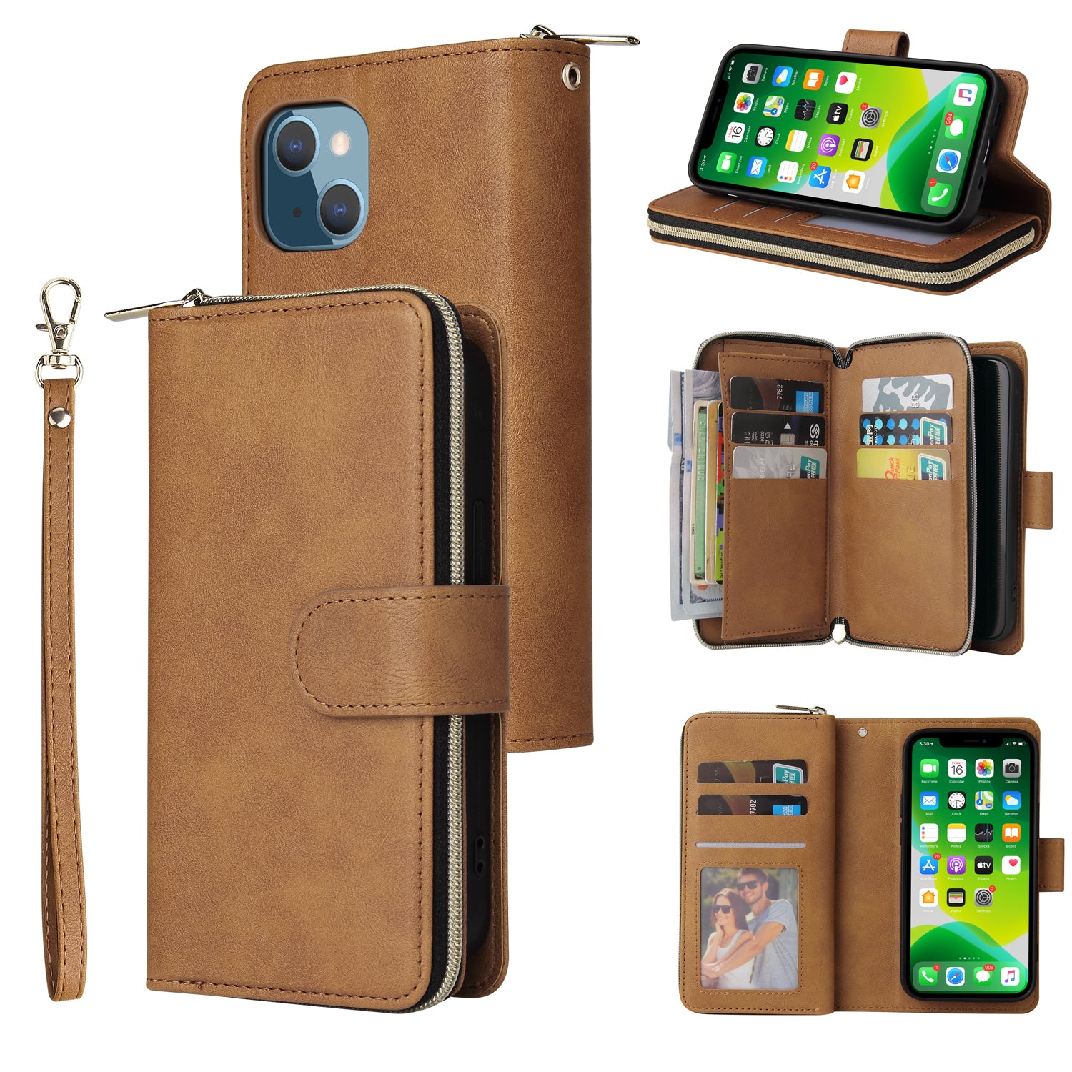 For iPhone 13 mini Leather Case Wallet Zippered Stand Phone Cover