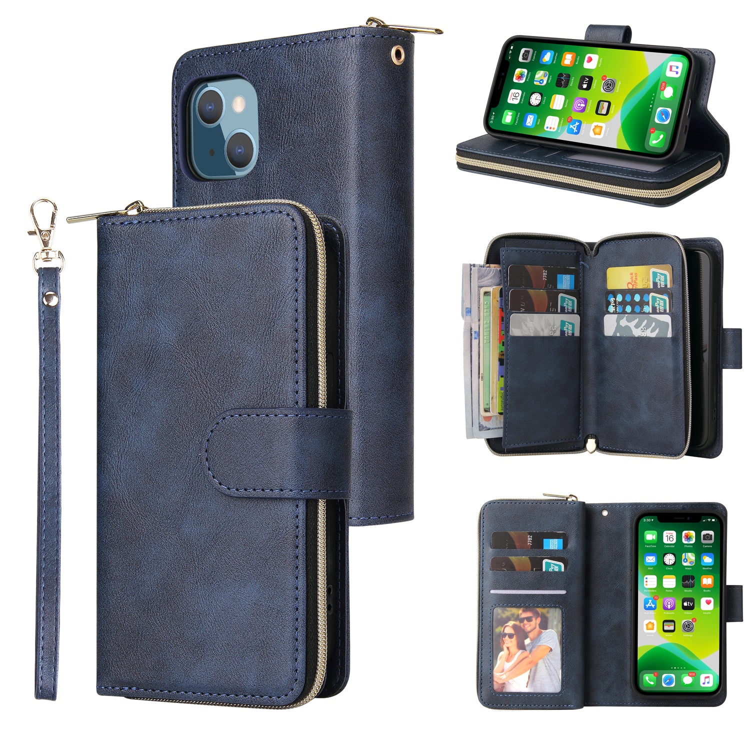 For iPhone 13 Case Wallet Zippered Stand Leather Phone Cover