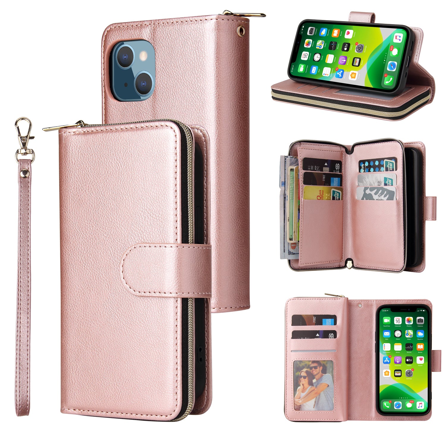 For iPhone 13 Case Wallet Zippered Stand Leather Phone Cover