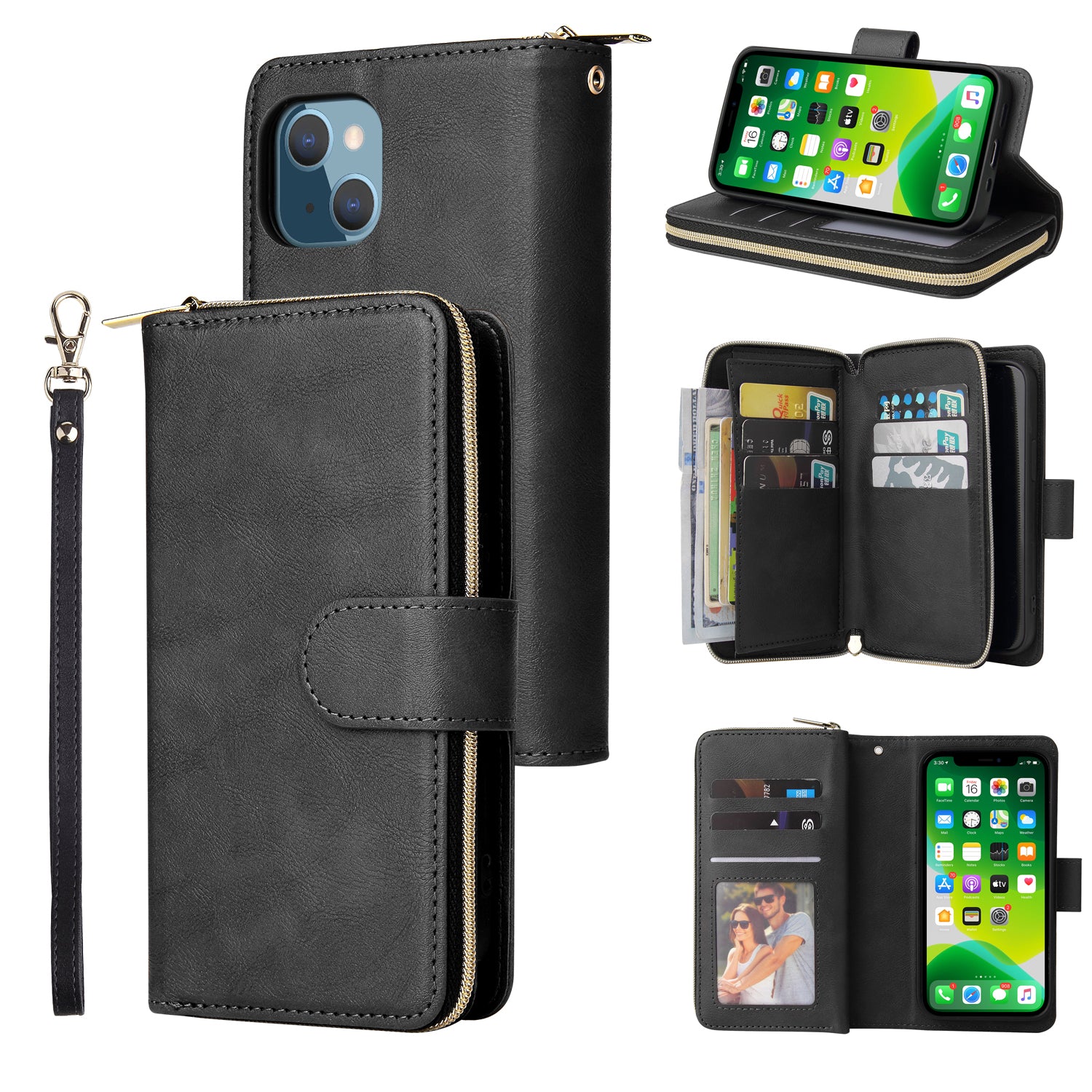 For iPhone 13 Case Wallet Zippered Stand Leather Phone Cover