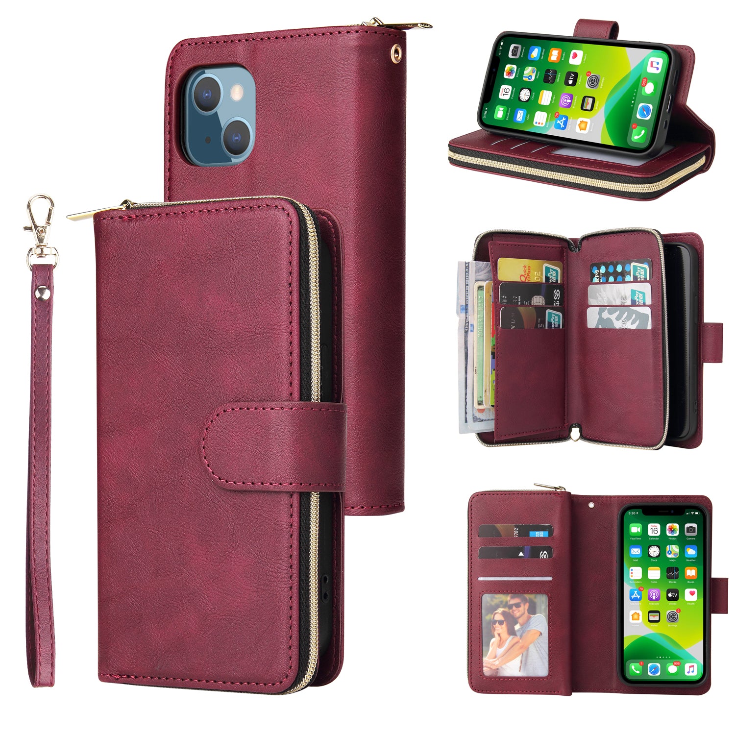 For iPhone 13 Case Wallet Zippered Stand Leather Phone Cover