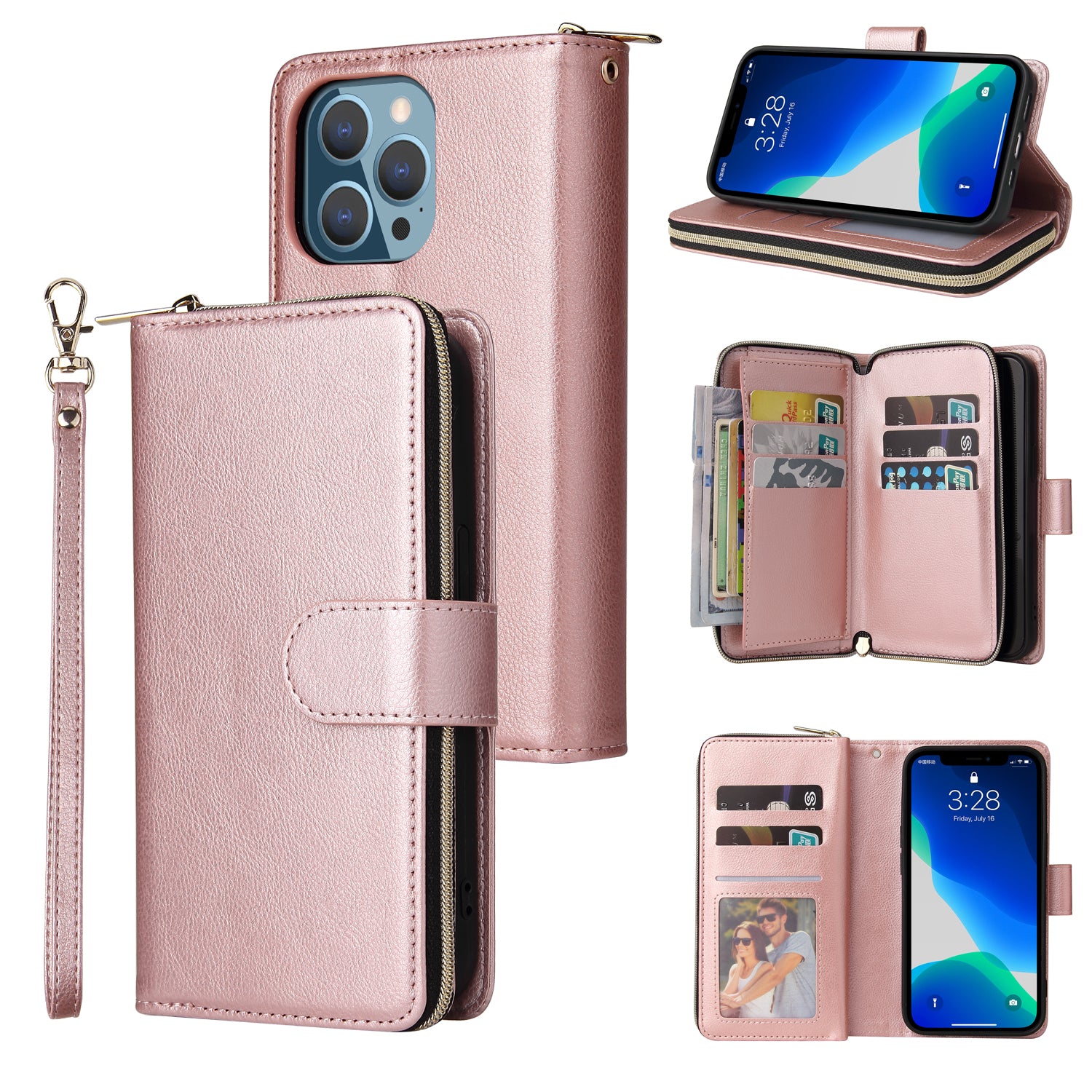 For iPhone 13 Pro 6.1 inch Case 9 Card Slots Zipper Wallet Smart Phone Cover
