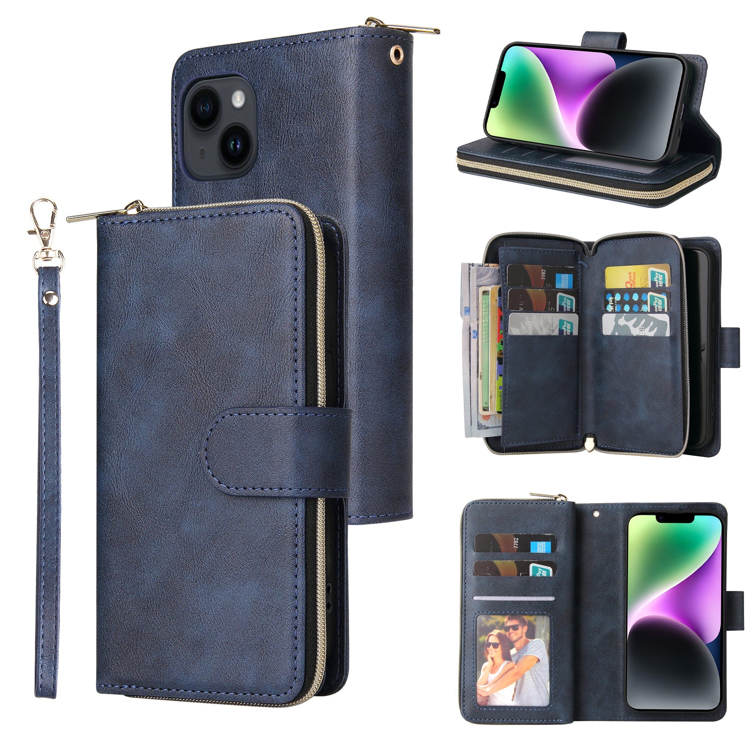 For iPhone 14 Leather Case Card Slots Zipper Wallet Mobile Phone Cover