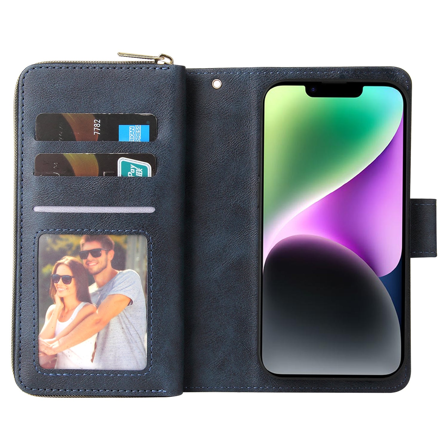 For iPhone 14 Leather Case Card Slots Zipper Wallet Mobile Phone Cover