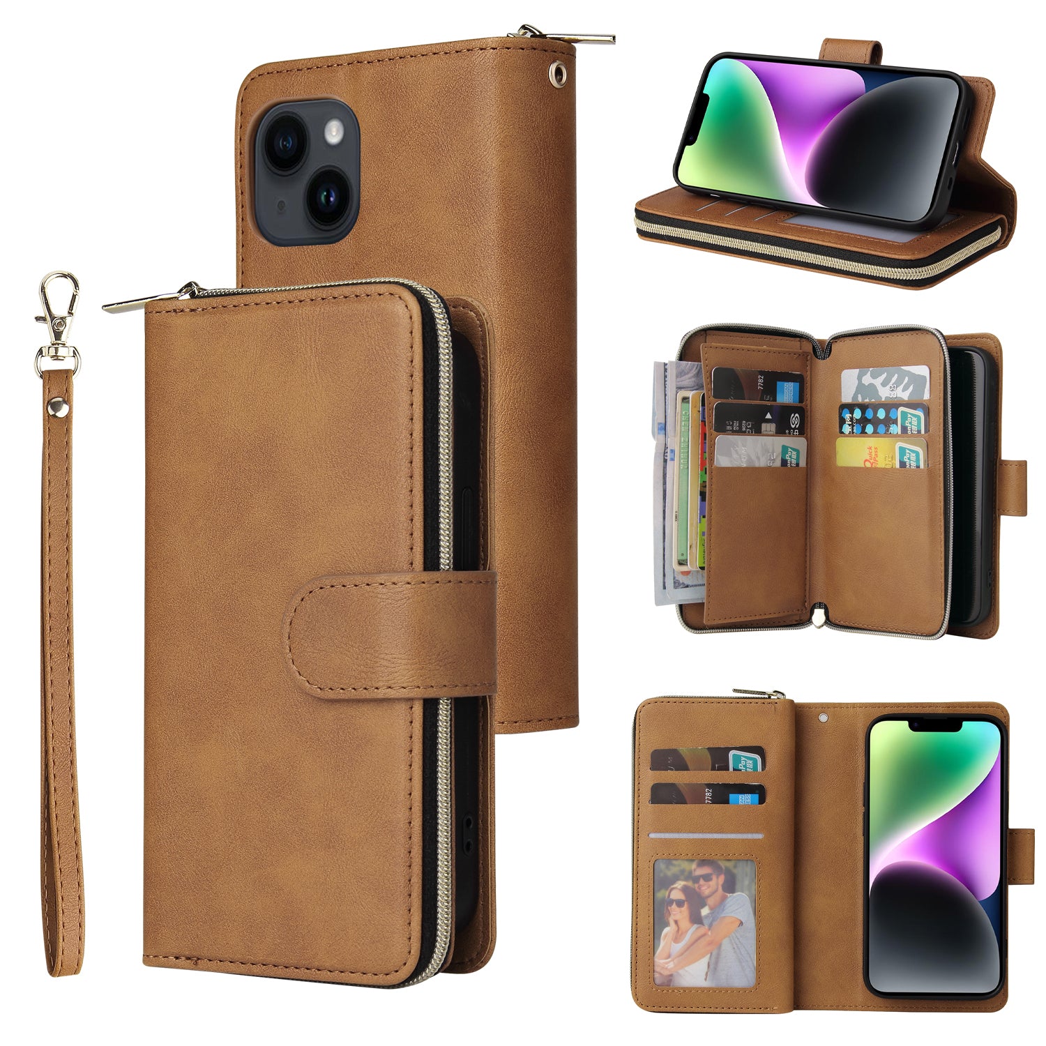 For iPhone 14 Leather Case Card Slots Zipper Wallet Mobile Phone Cover
