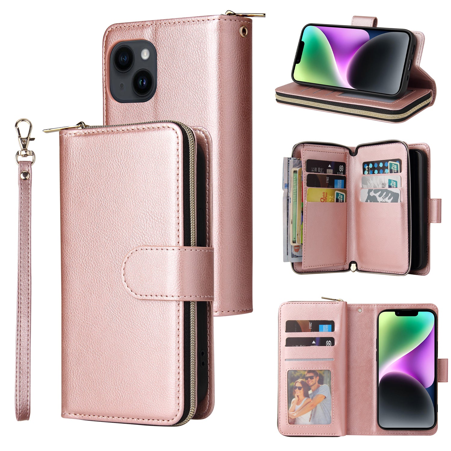 For iPhone 14 Leather Case Card Slots Zipper Wallet Mobile Phone Cover
