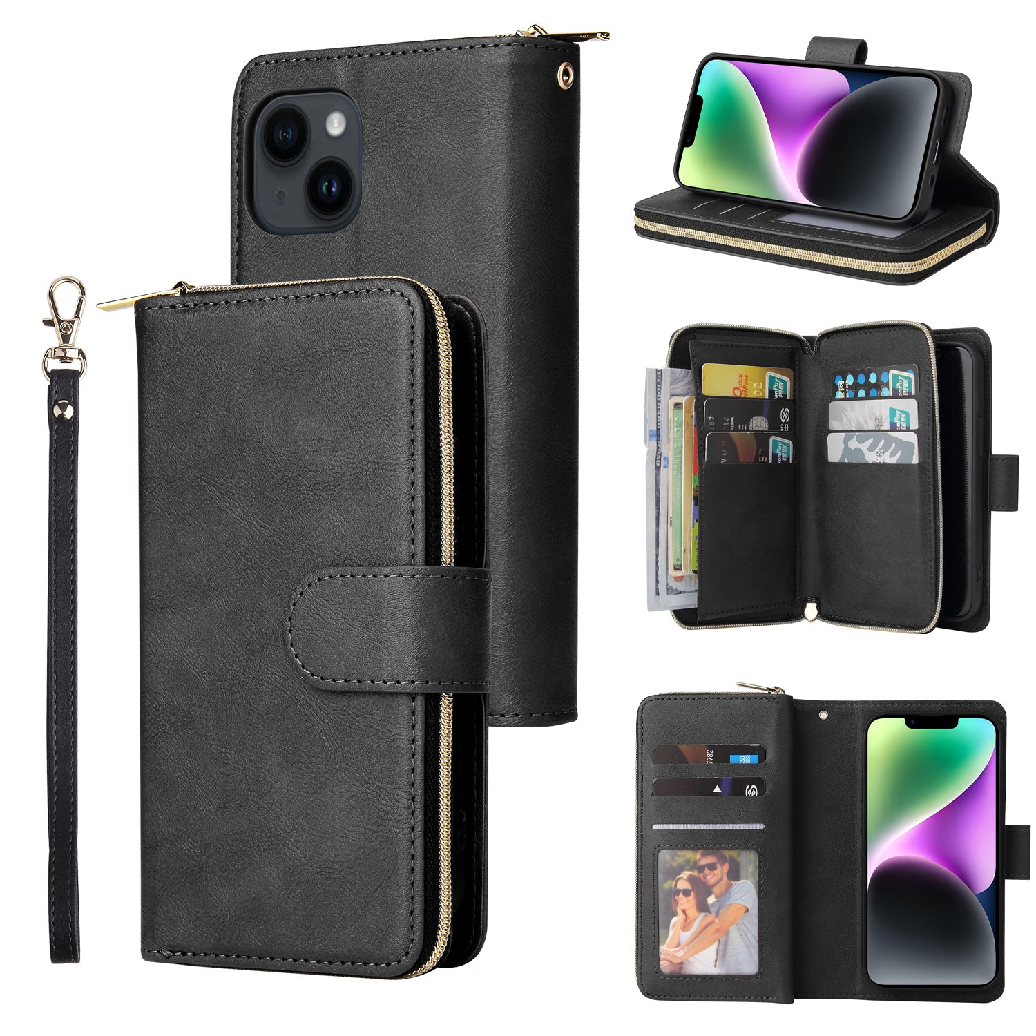 For iPhone 14 Leather Case Card Slots Zipper Wallet Mobile Phone Cover