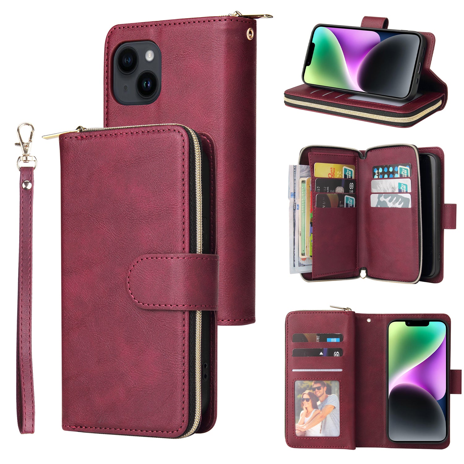 For iPhone 14 Leather Case Card Slots Zipper Wallet Mobile Phone Cover