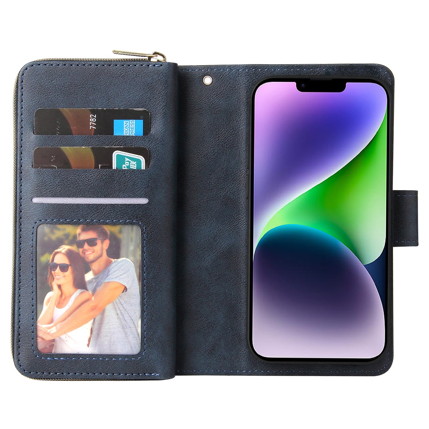 For iPhone 14 Plus Case Zipper Pocket TPU+PU Leather Phone Stand Cover