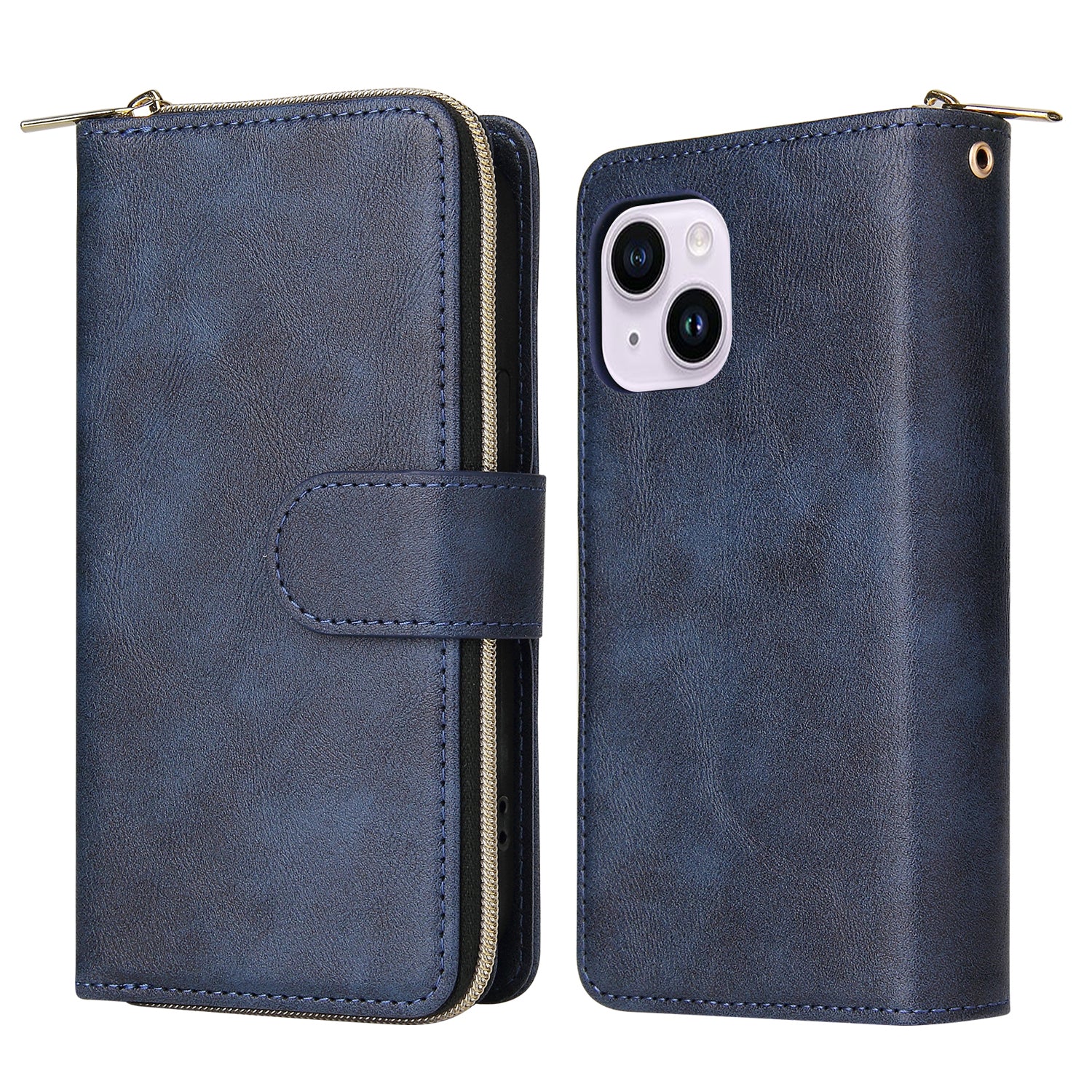 For iPhone 14 Plus Case Zipper Pocket TPU+PU Leather Phone Stand Cover