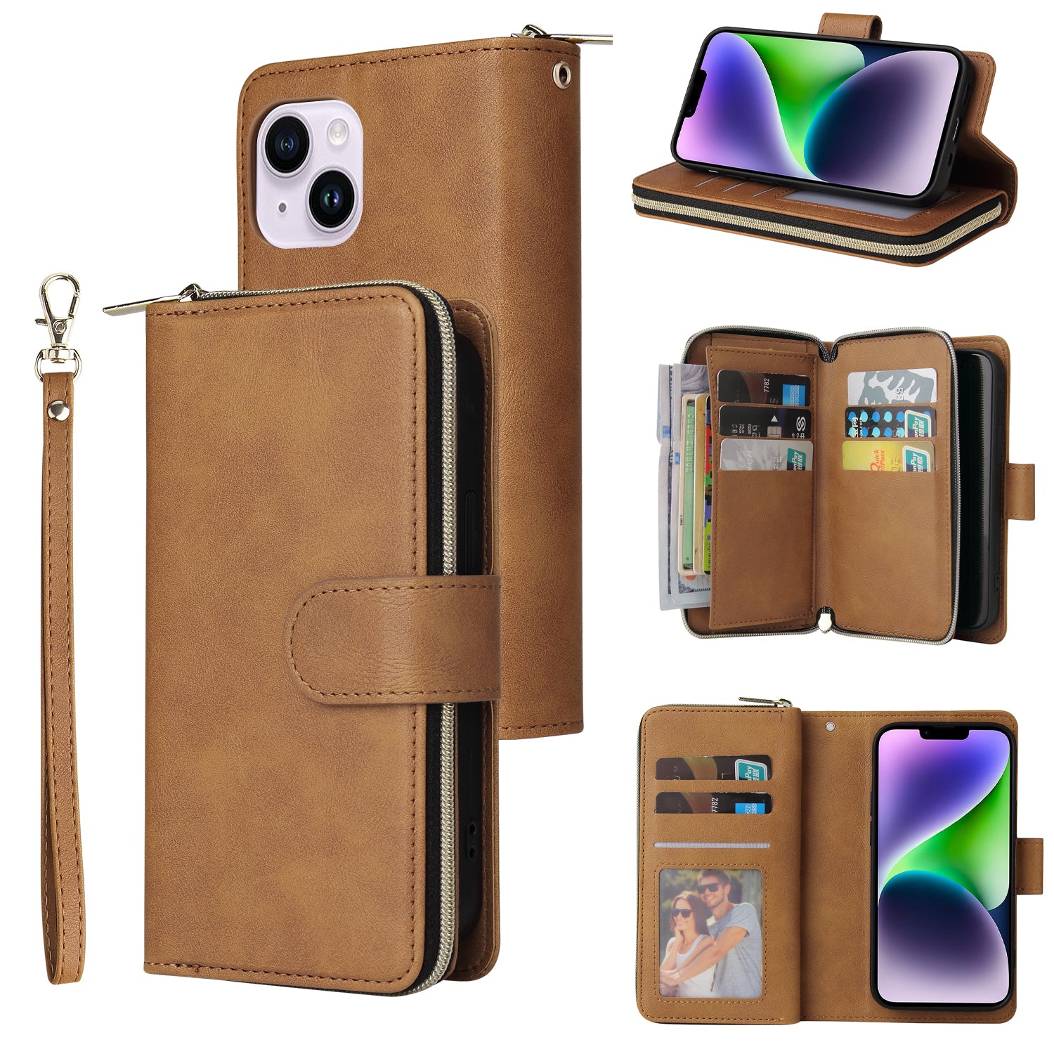 For iPhone 14 Plus Case Zipper Pocket TPU+PU Leather Phone Stand Cover