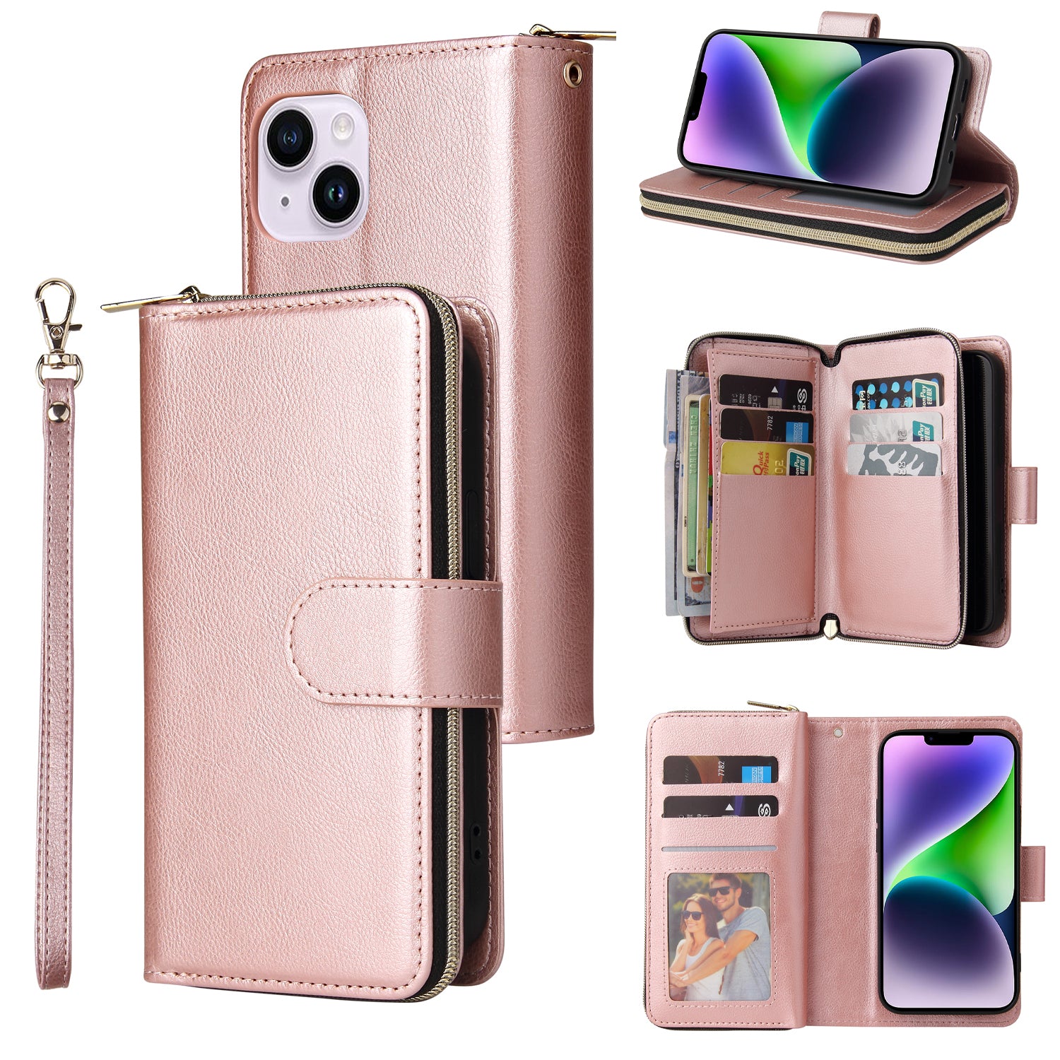 For iPhone 14 Plus Case Zipper Pocket TPU+PU Leather Phone Stand Cover