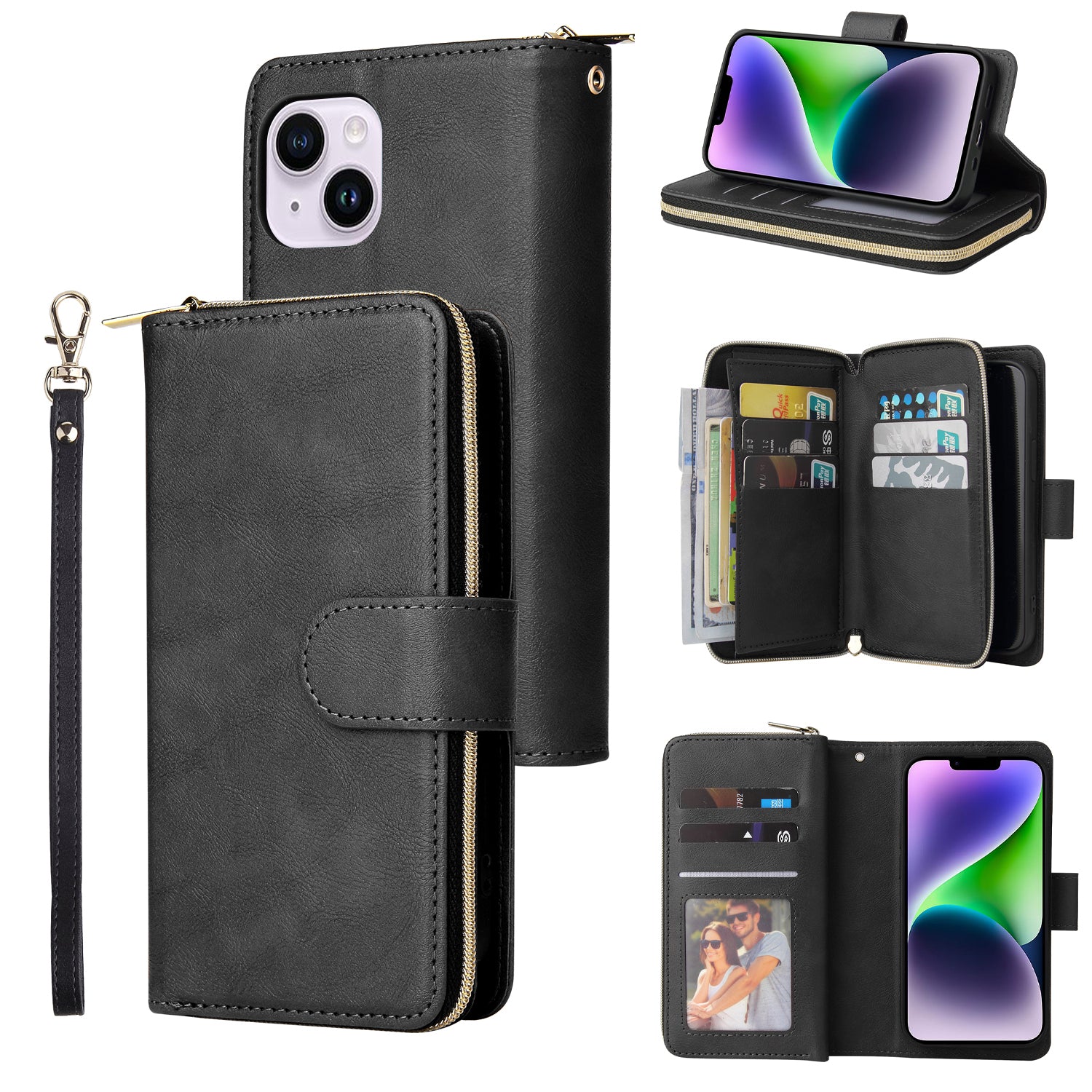 For iPhone 14 Plus Case Zipper Pocket TPU+PU Leather Phone Stand Cover