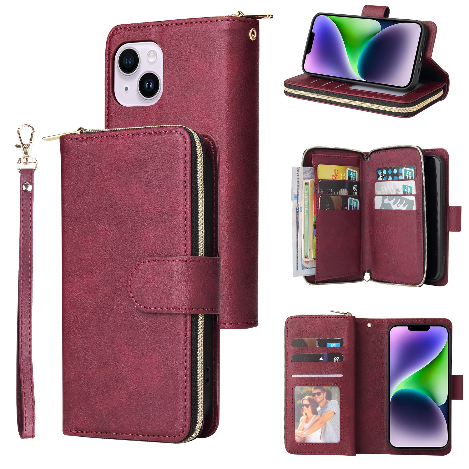 For iPhone 14 Plus Case Zipper Pocket TPU+PU Leather Phone Stand Cover