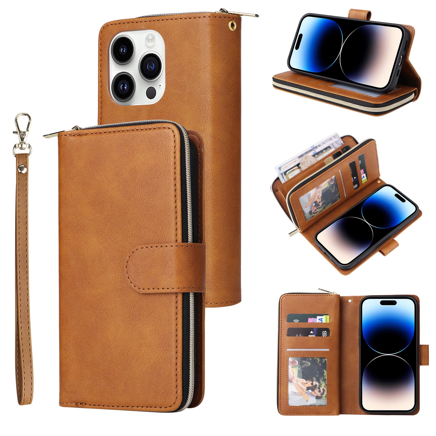 For iPhone 14 Pro Case Zipper Pocket TPU+PU Leather Flip Stand Phone Shell