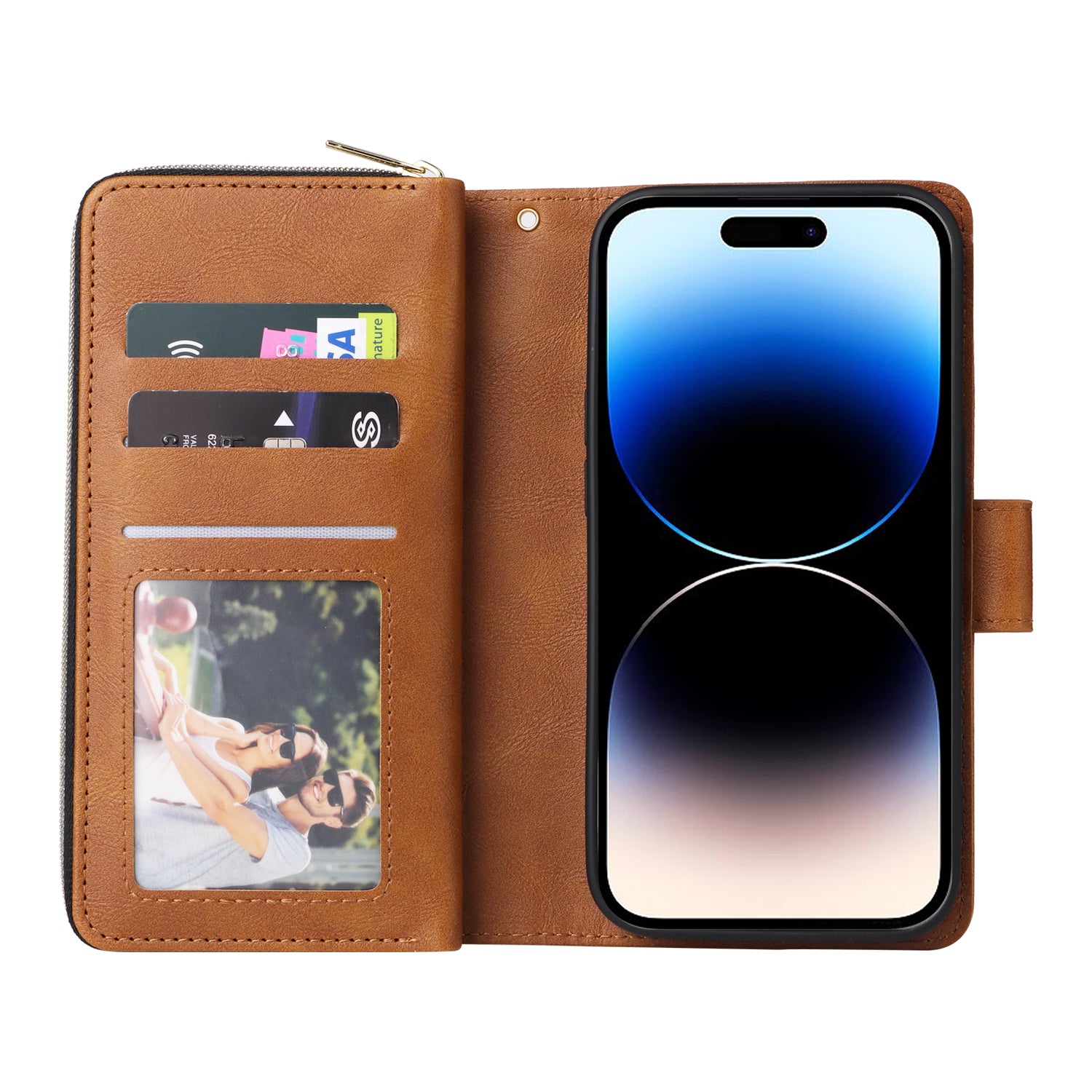 For iPhone 14 Pro Case Zipper Pocket TPU+PU Leather Flip Stand Phone Shell