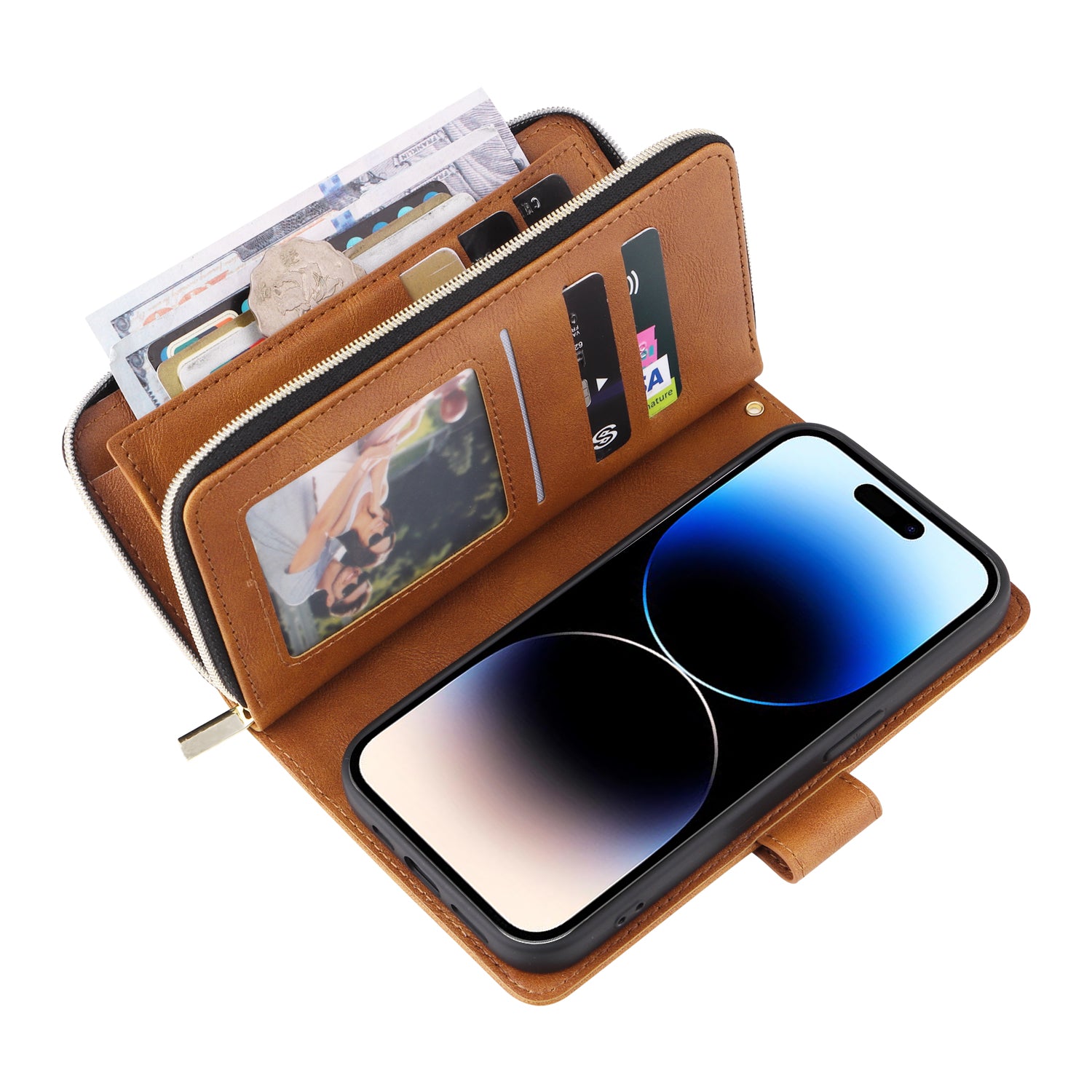 For iPhone 14 Pro Case Zipper Pocket TPU+PU Leather Flip Stand Phone Shell