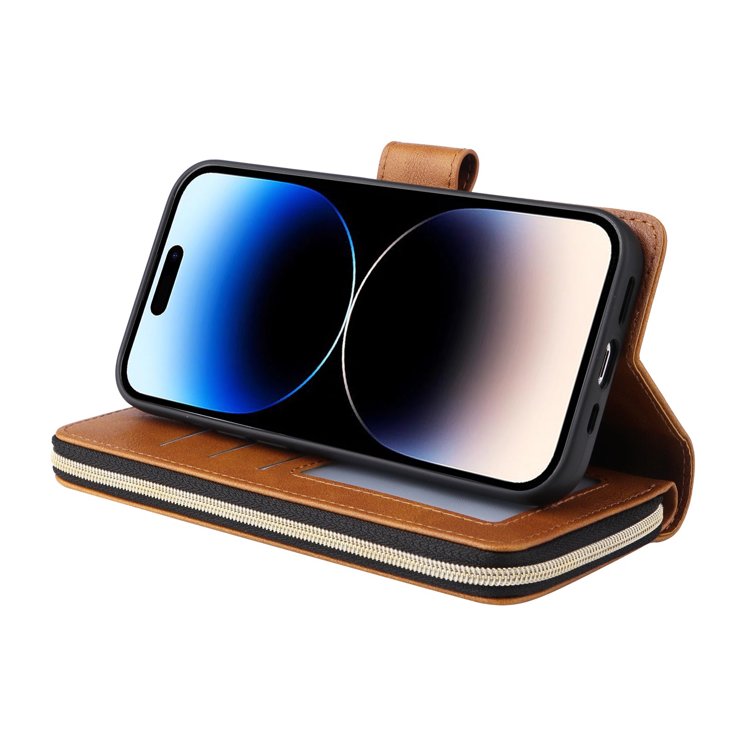 For iPhone 14 Pro Case Zipper Pocket TPU+PU Leather Flip Stand Phone Shell