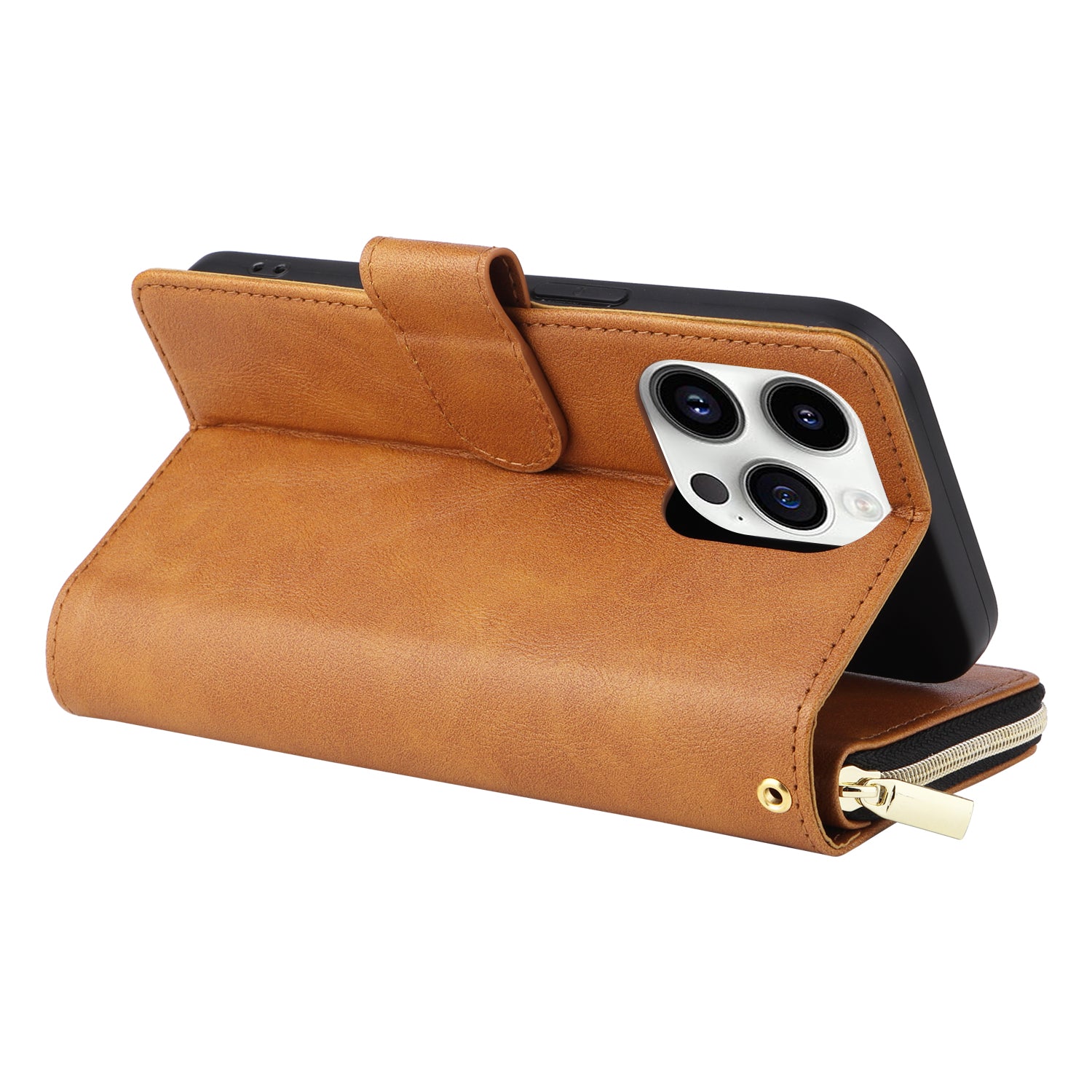 For iPhone 14 Pro Case Zipper Pocket TPU+PU Leather Flip Stand Phone Shell
