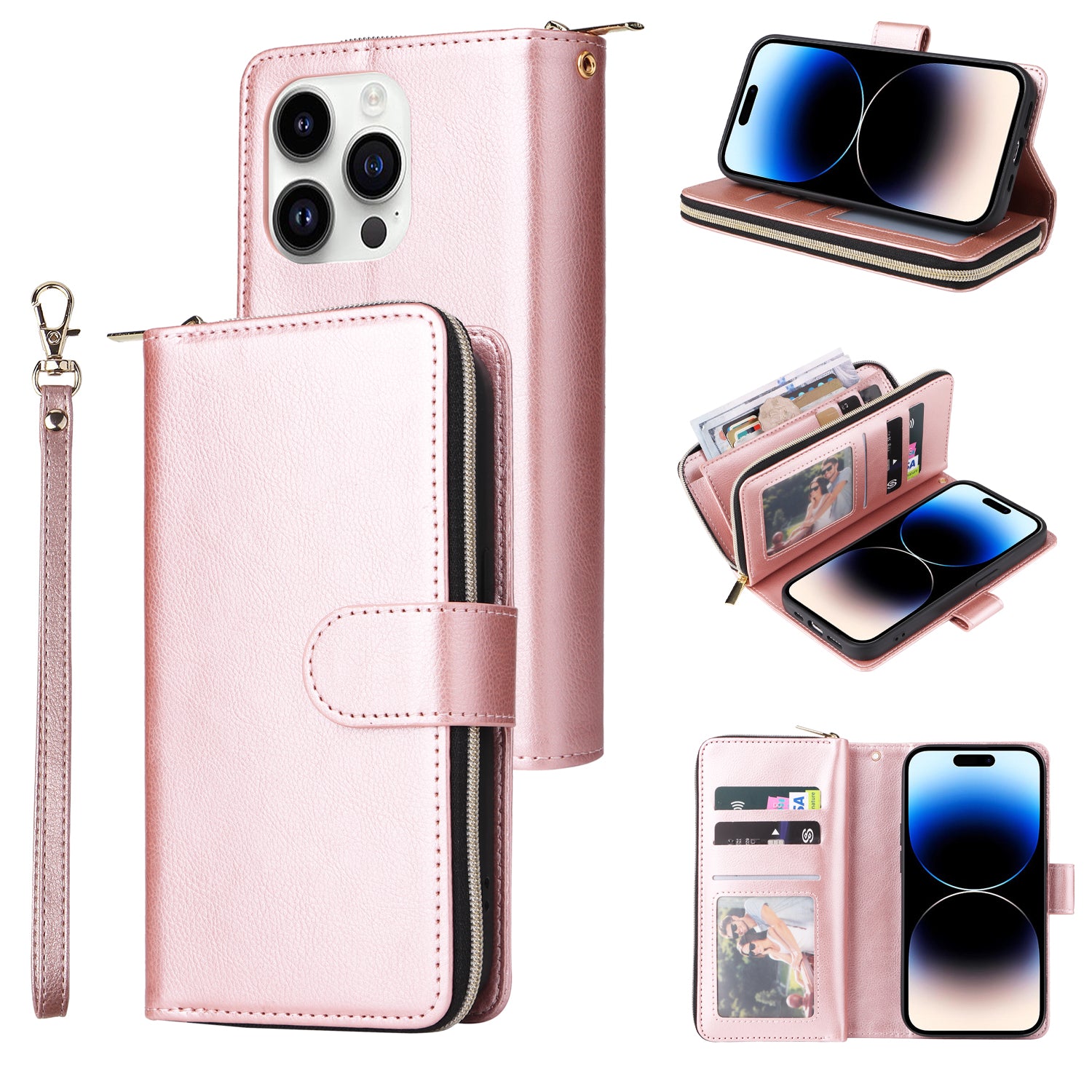 For iPhone 14 Pro Case Zipper Pocket TPU+PU Leather Flip Stand Phone Shell