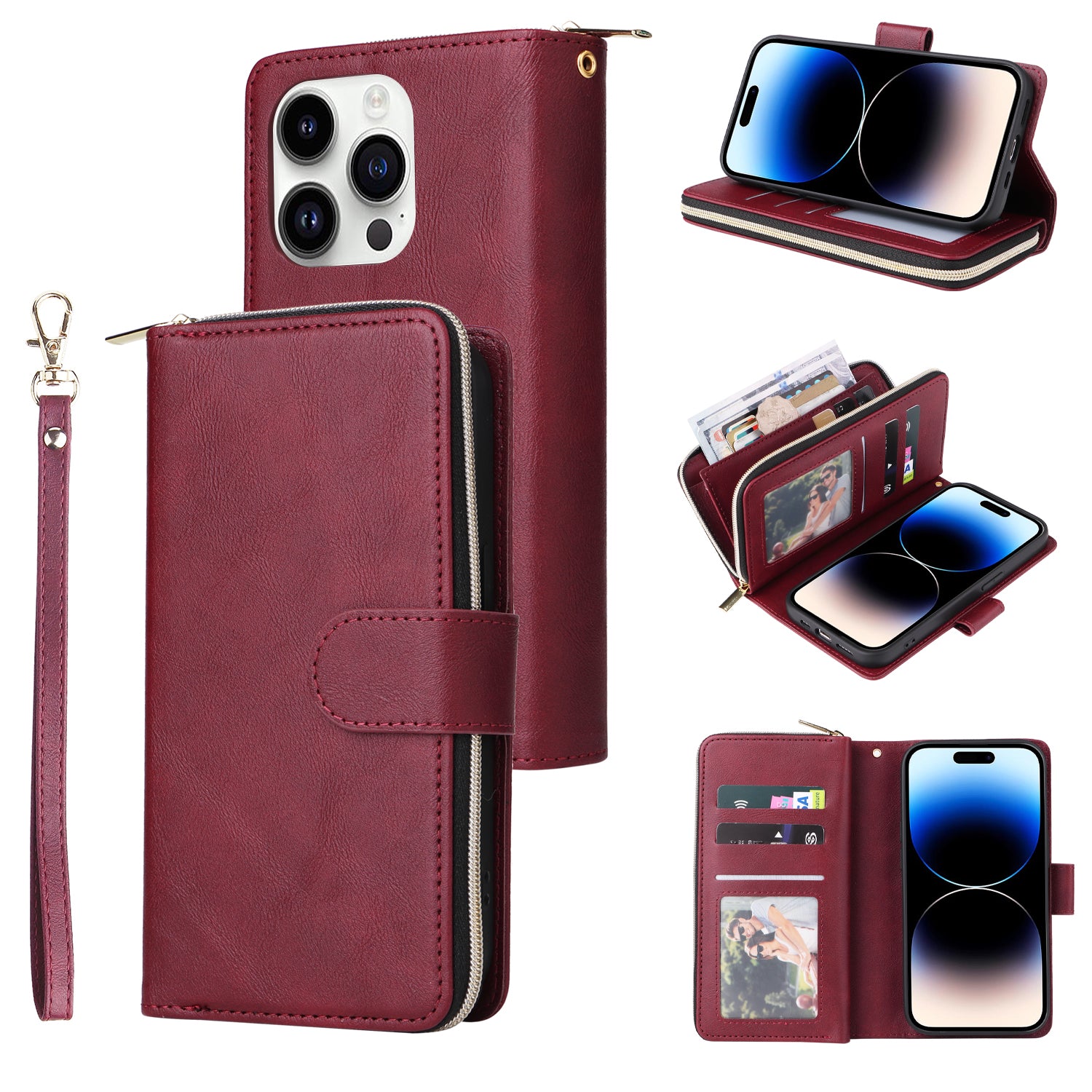 For iPhone 14 Pro Case Zipper Pocket TPU+PU Leather Flip Stand Phone Shell