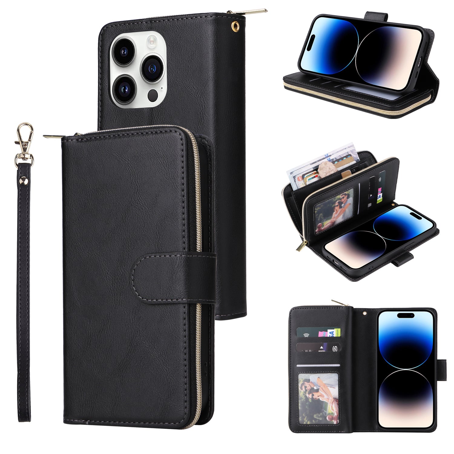 For iPhone 14 Pro Case Zipper Pocket TPU+PU Leather Flip Stand Phone Shell