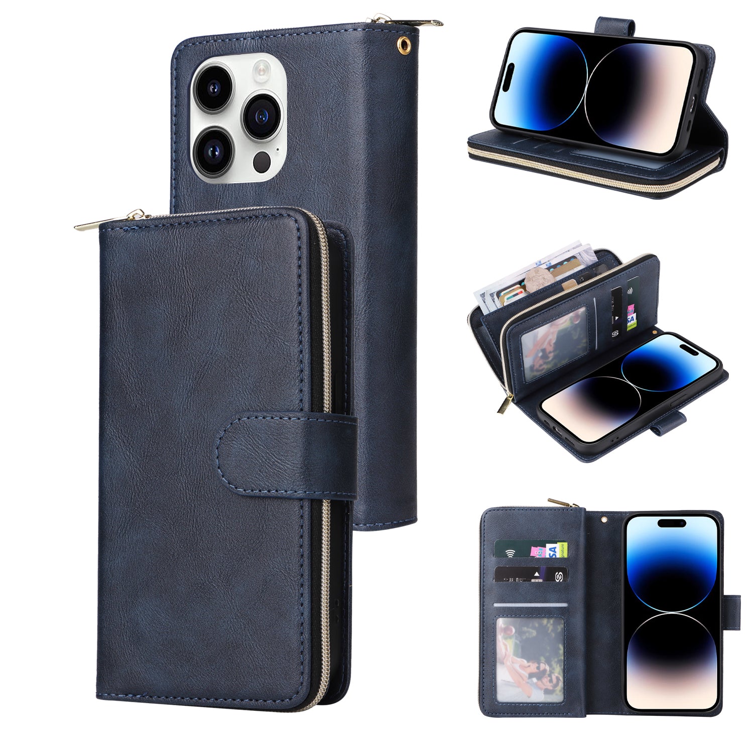 For iPhone 14 Pro Case Zipper Pocket TPU+PU Leather Flip Stand Phone Shell