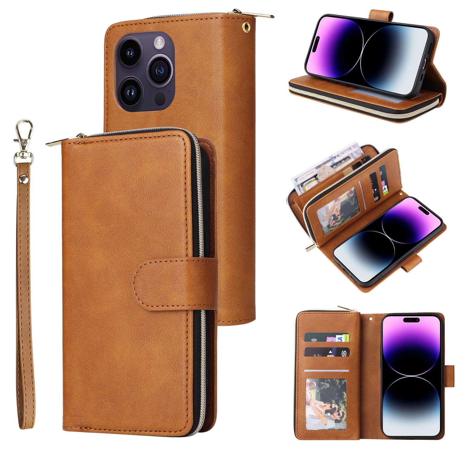 For iPhone 14 Pro Max Cover Zipper Pocket 9 Card Slots Phone Wallet Case with Wrist Strap