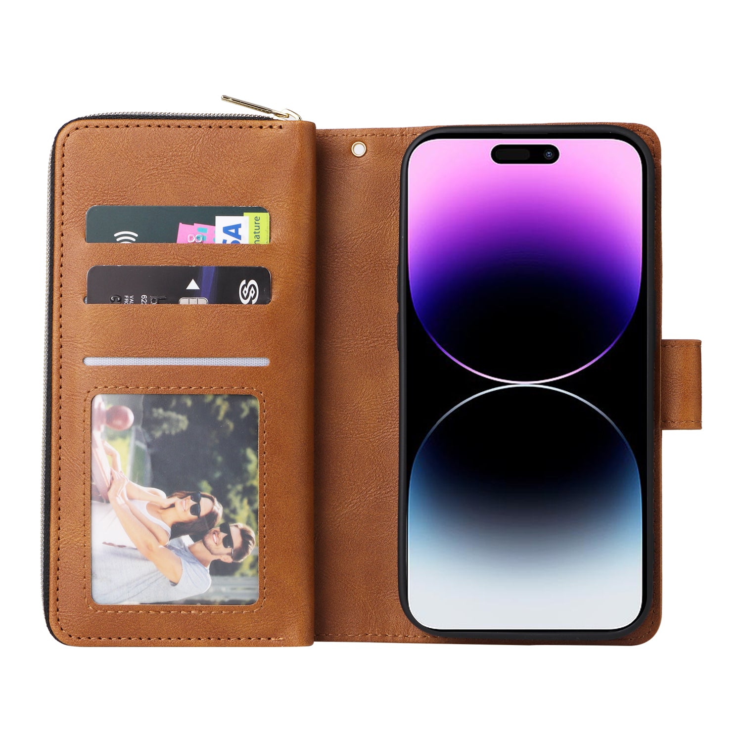 For iPhone 14 Pro Max Cover Zipper Pocket 9 Card Slots Phone Wallet Case with Wrist Strap