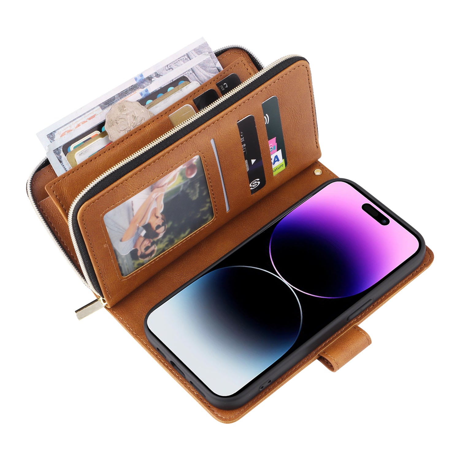 For iPhone 14 Pro Max Cover Zipper Pocket 9 Card Slots Phone Wallet Case with Wrist Strap