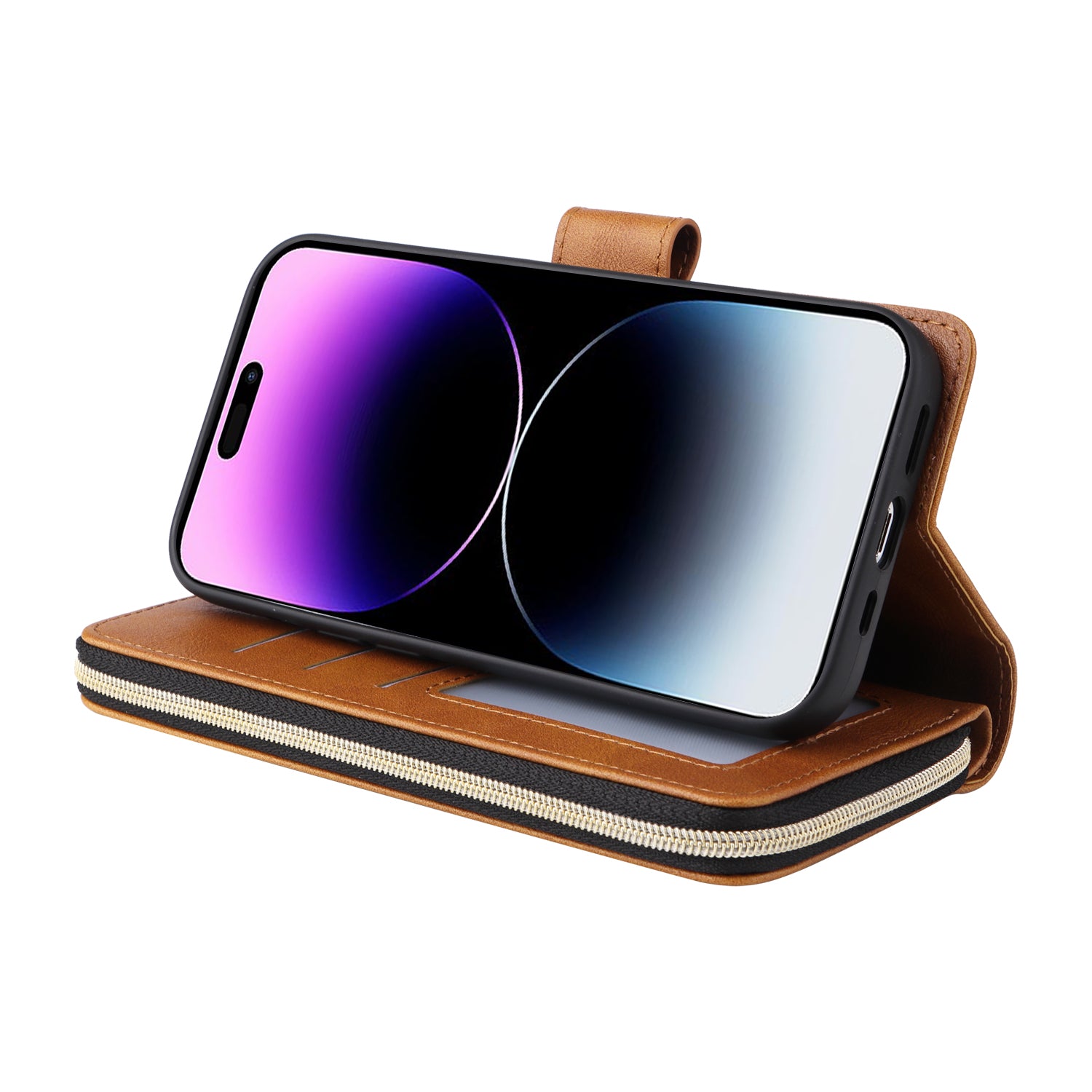 For iPhone 14 Pro Max Cover Zipper Pocket 9 Card Slots Phone Wallet Case with Wrist Strap